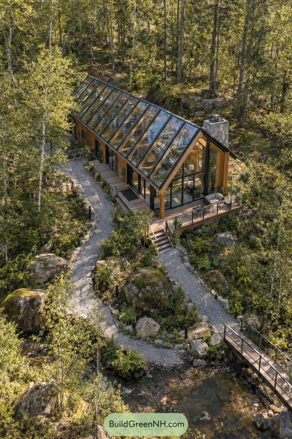 Glass gable roof over a timber cabin in the woods