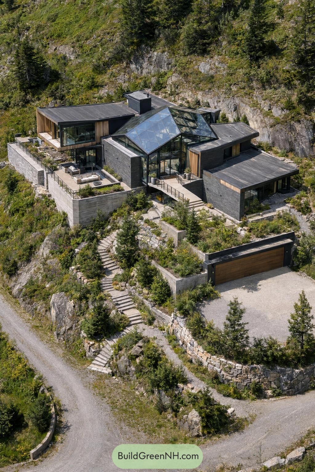 Angular glass atrium roof atop a hillside home