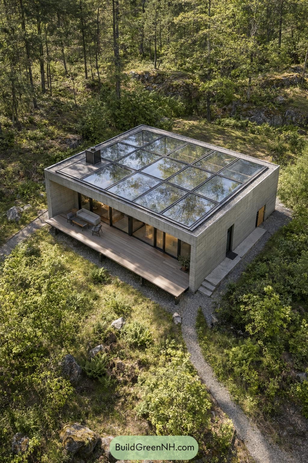 Flat glazed roof over a concrete woodland retreat