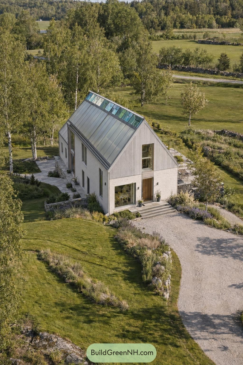 Modern farmhouse with a broad glazed roof slope and ridge clerestory