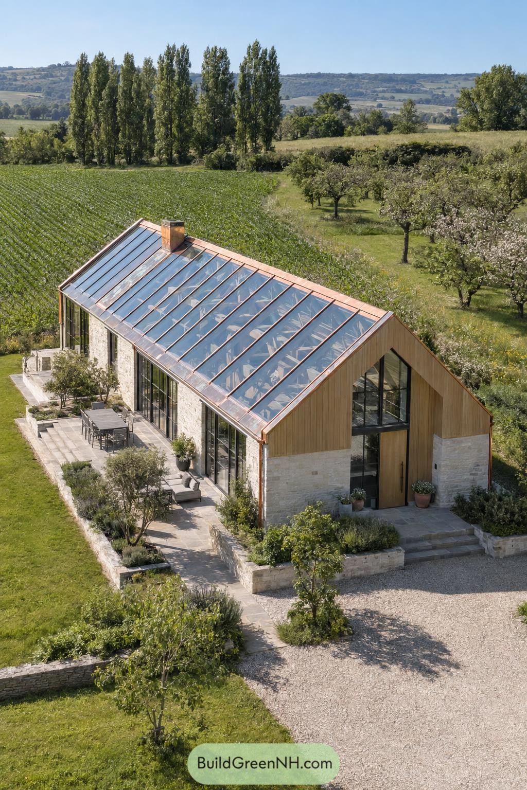 Glass gable roof over a stone countryside home