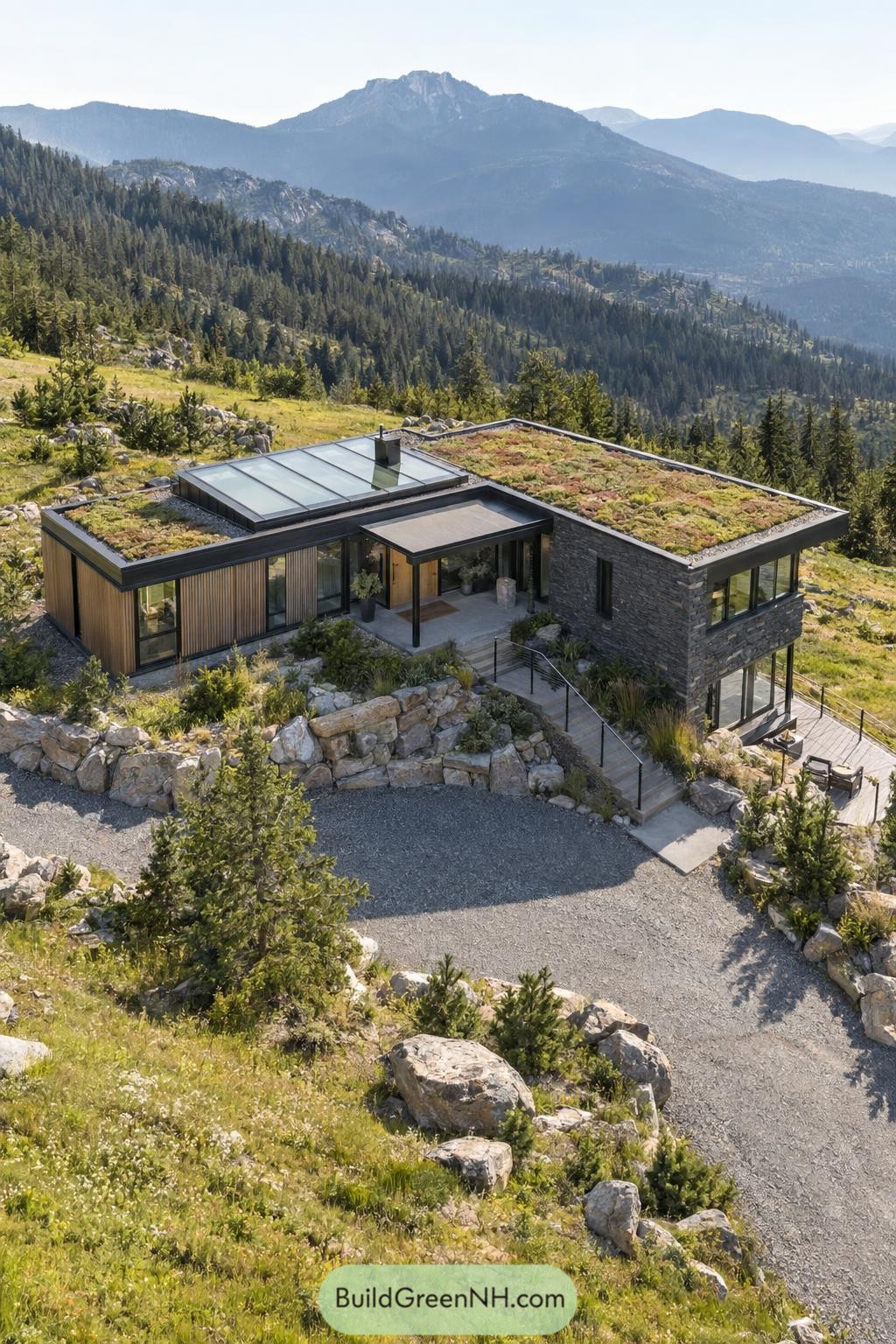 Mountain home with a planted flat roof and raised glass lantern