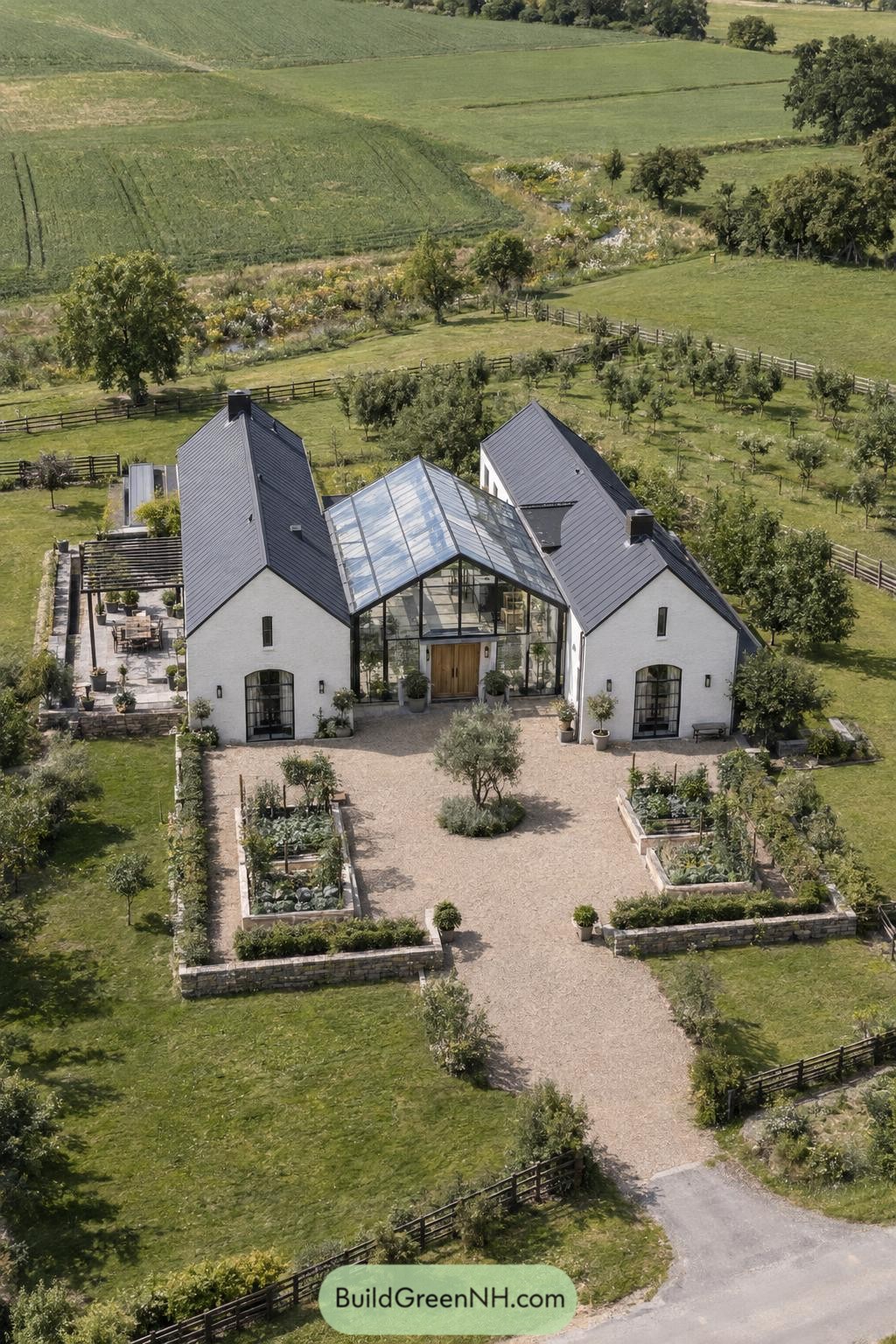 Glazed gable link joining two white country wings