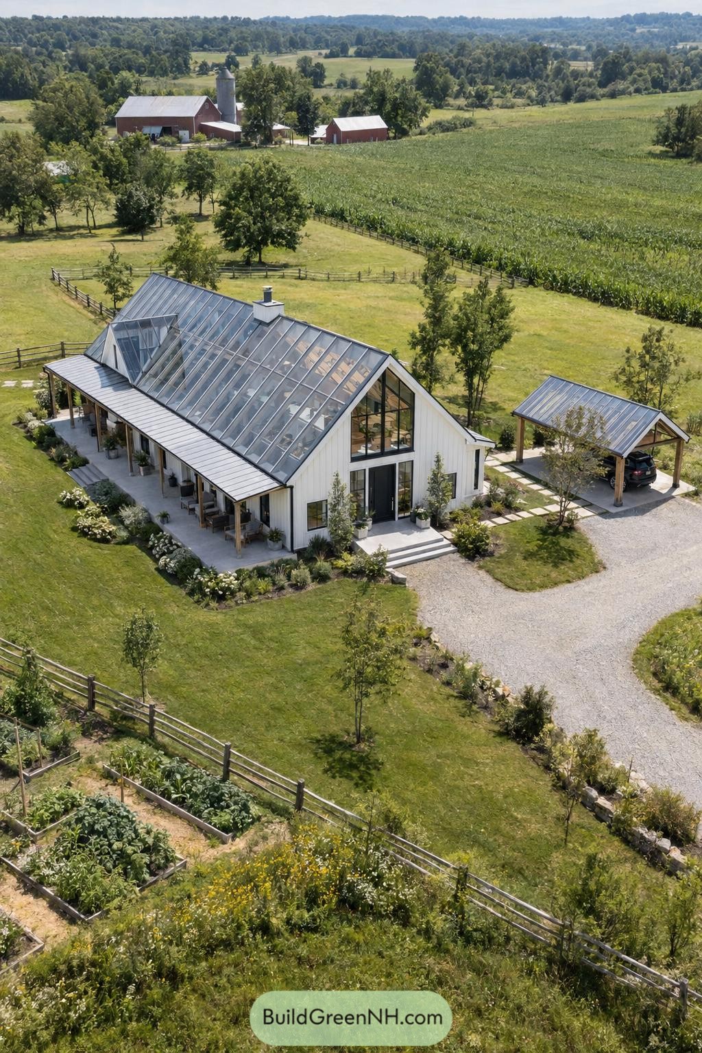 White farmhouse with a broad glazed roof in a green field