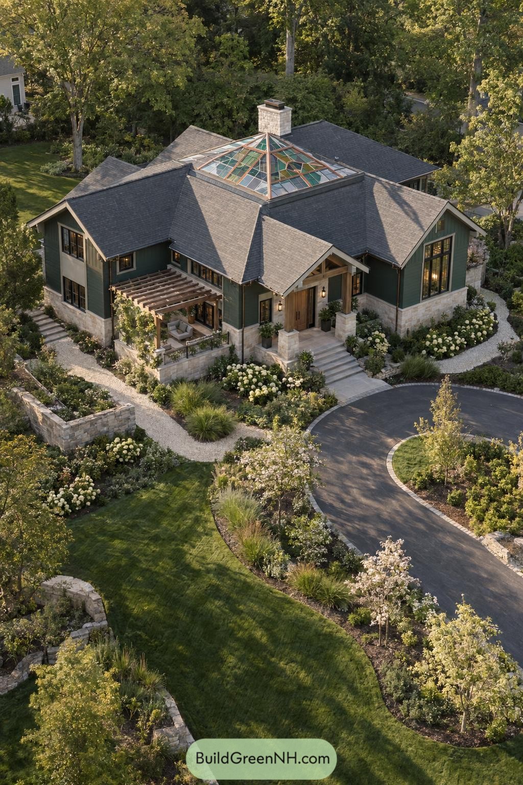 Colored glass pyramid skylight atop a shingled home