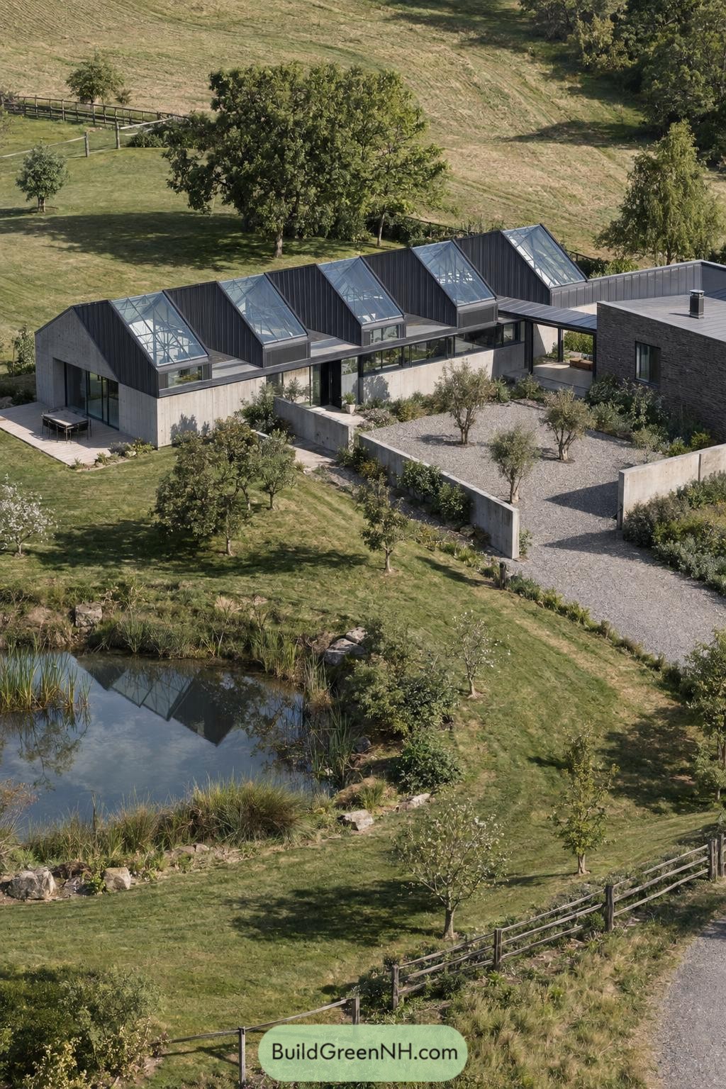 Repeated glazed roof lanterns crown a dark metal sawtooth roof above a rural courtyard home