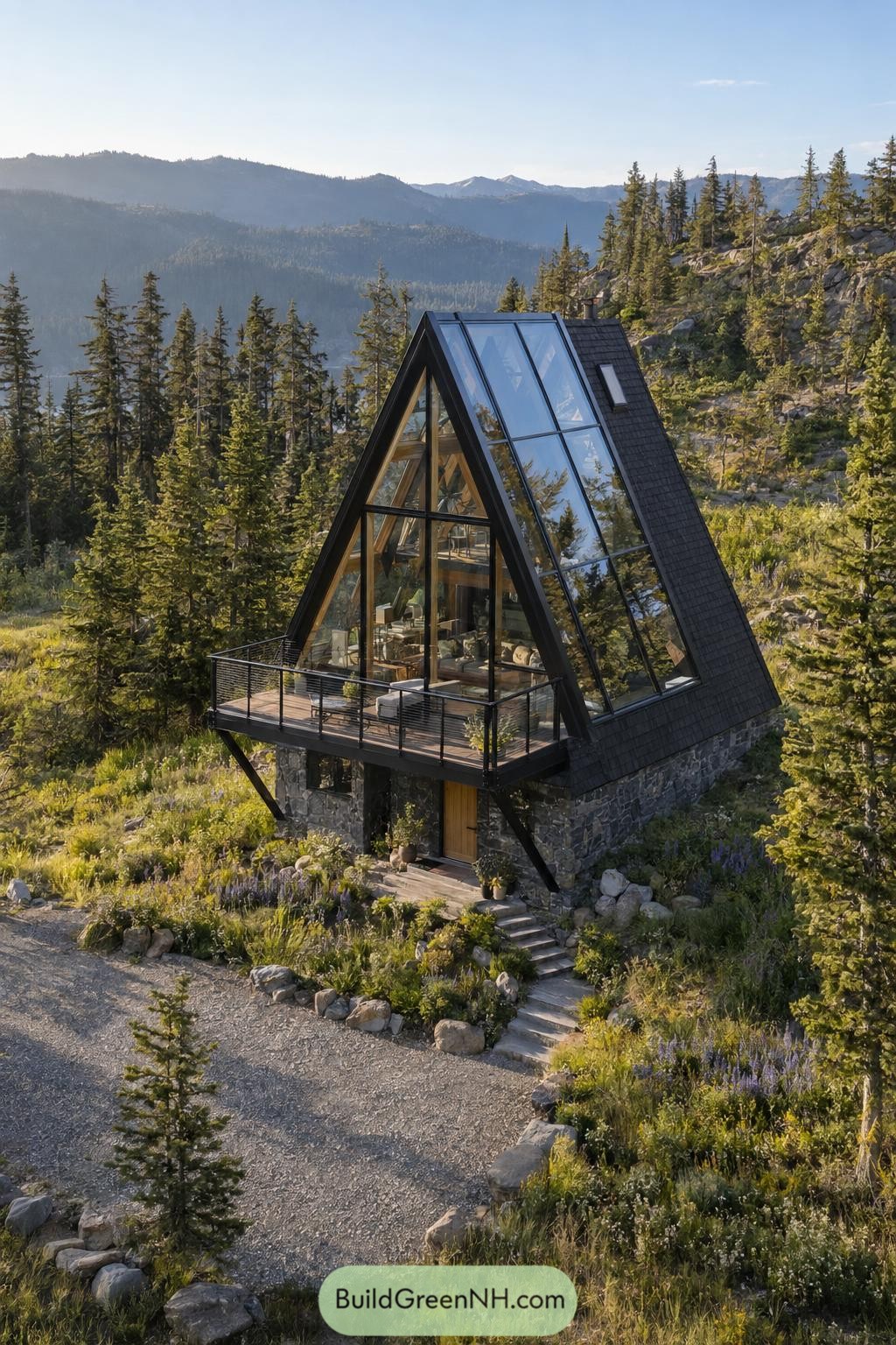 A-frame cabin with a glazed roof slope overlooking pine-covered mountains