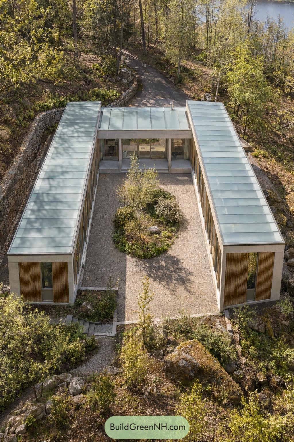 Twin glass roof wings frame a planted gravel courtyard