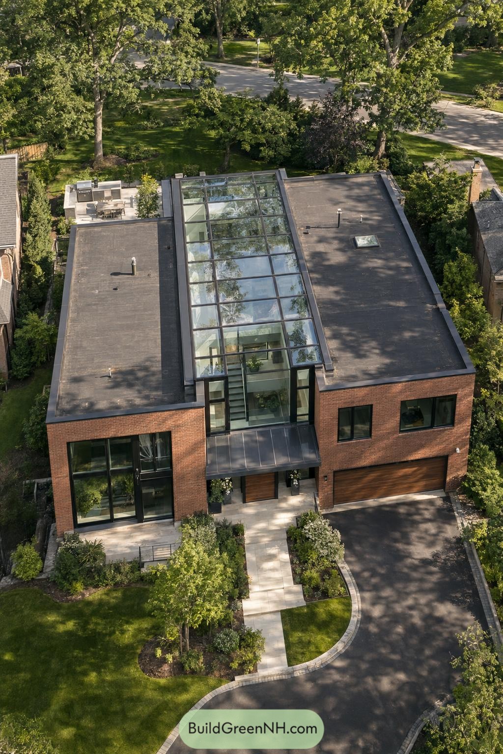 Long glazed roof spine between flat roof wings