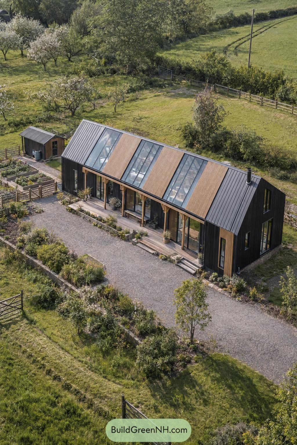 Modern barn home with alternating glass roof panels