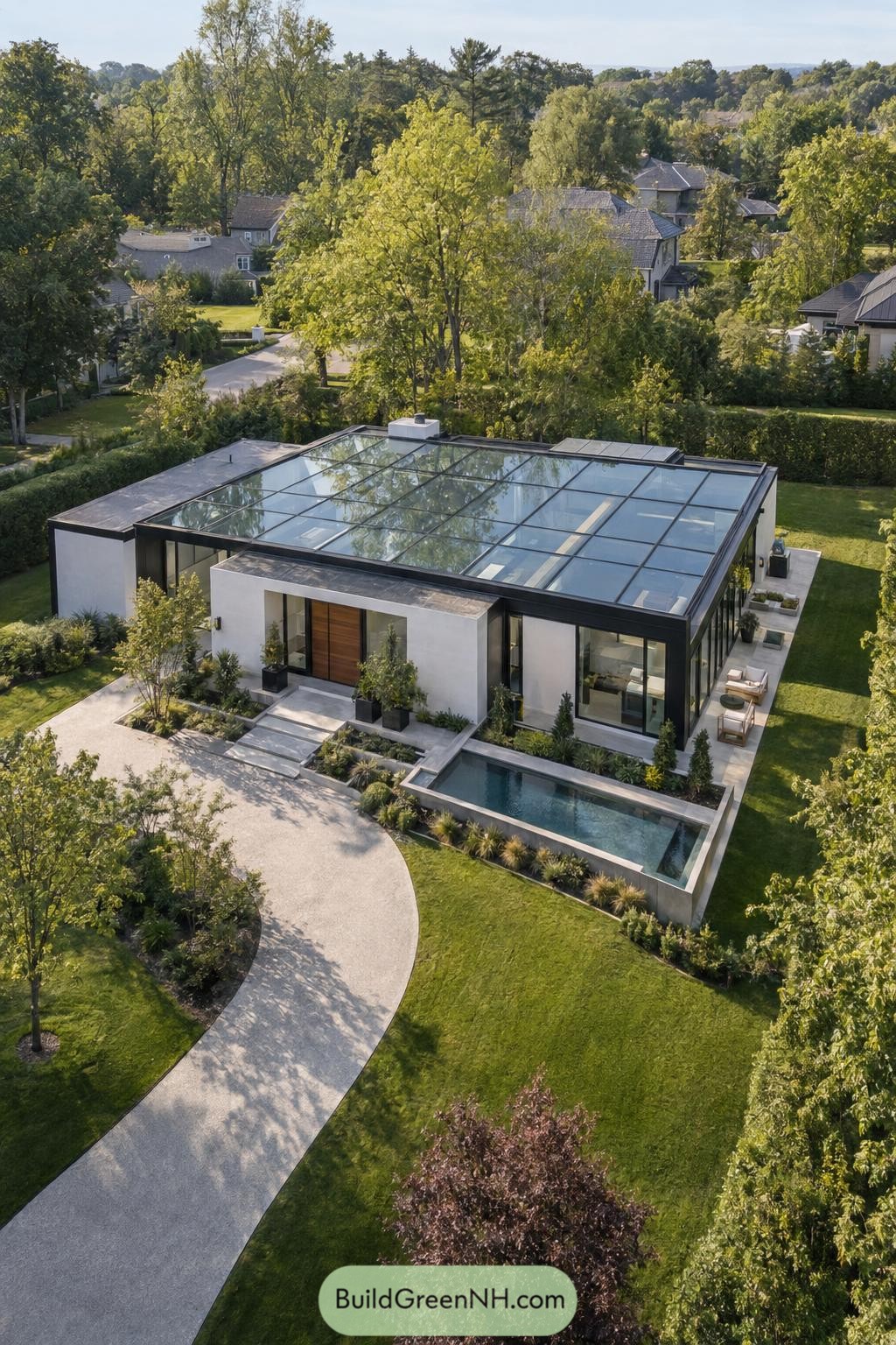 Modern home with a black framed glass roof and pool