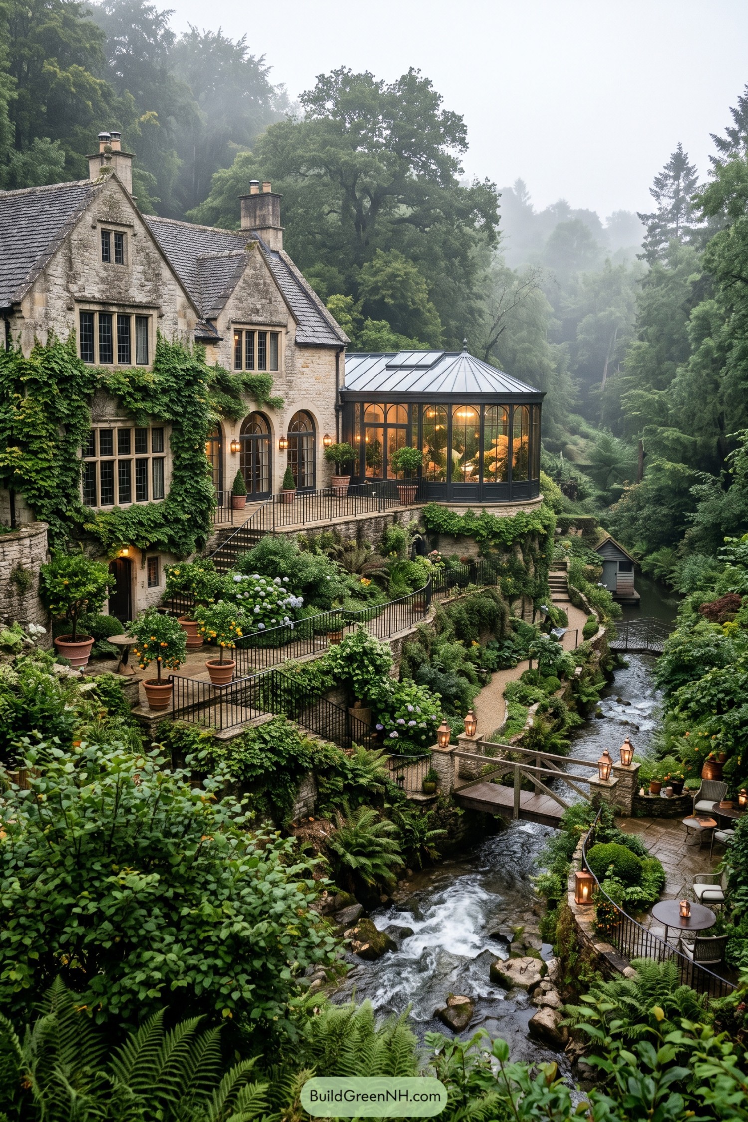 Stone manor with a glass conservatory beside a terraced woodland creek