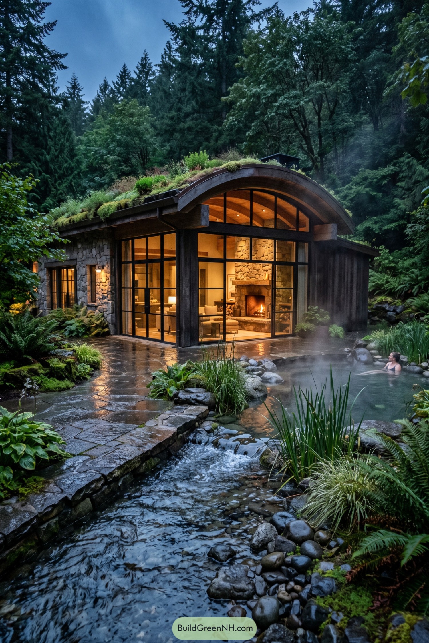 Green-roofed stone and glass bathhouse beside a forest stream and hot pool