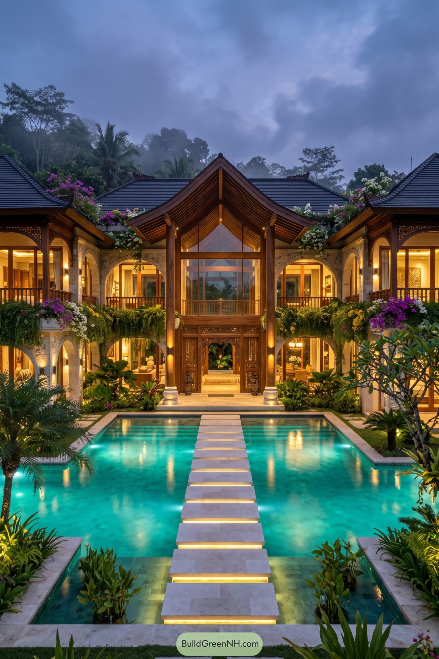 Tropical villa with lit pool and arched courtyards