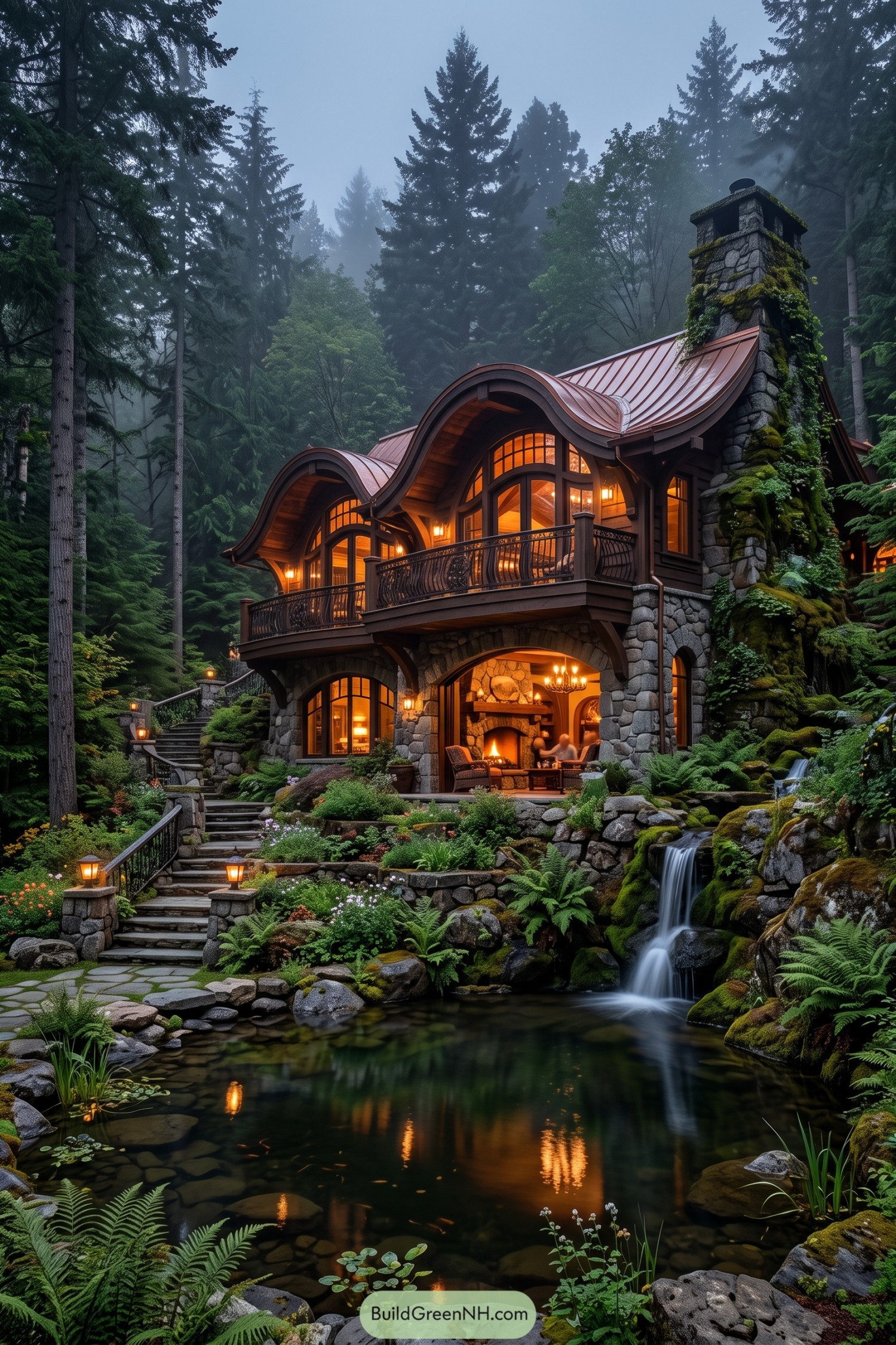 Stone lodge with curved copper roof beside a waterfall pond