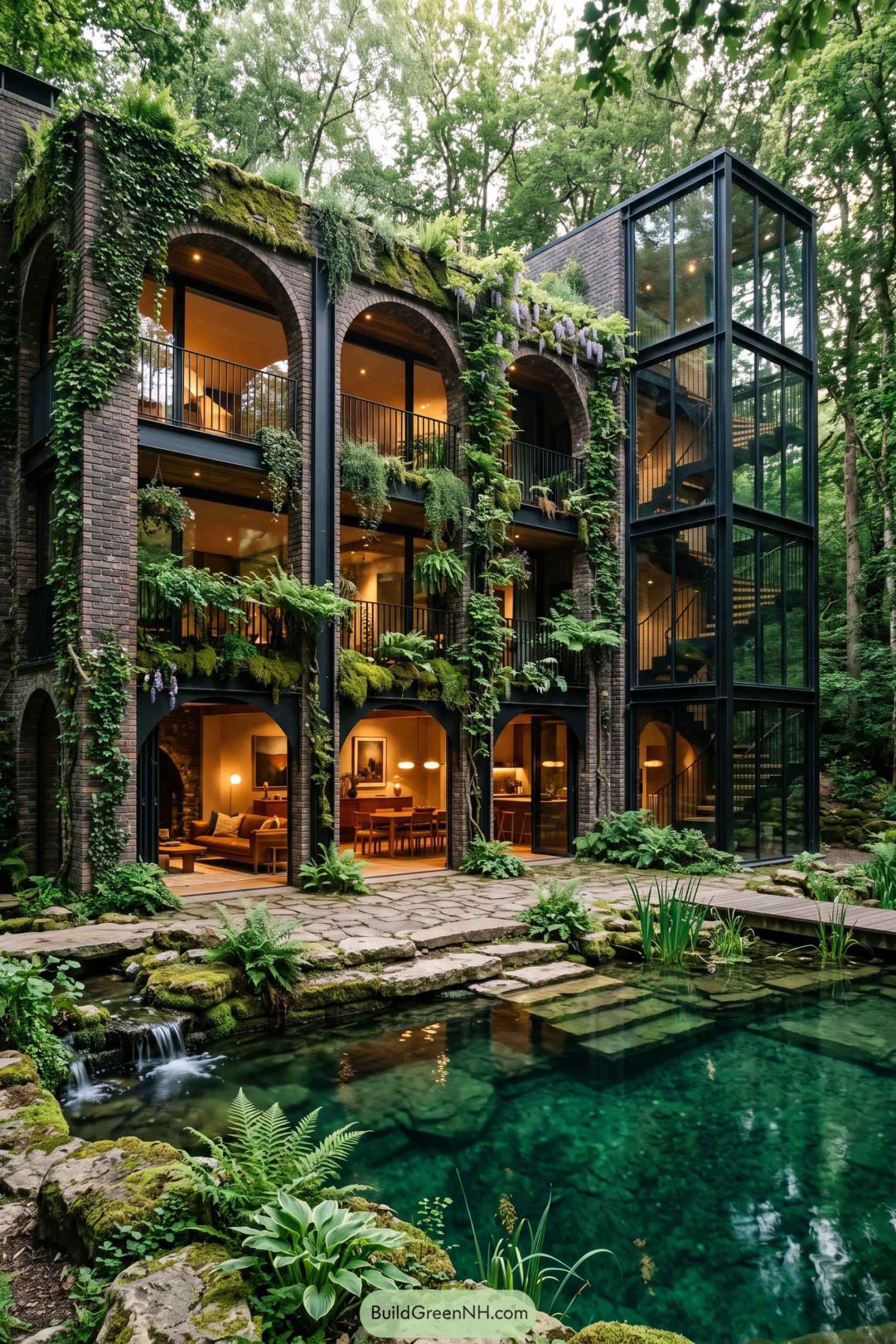 Brick residence with planted arches beside a clear spring pool