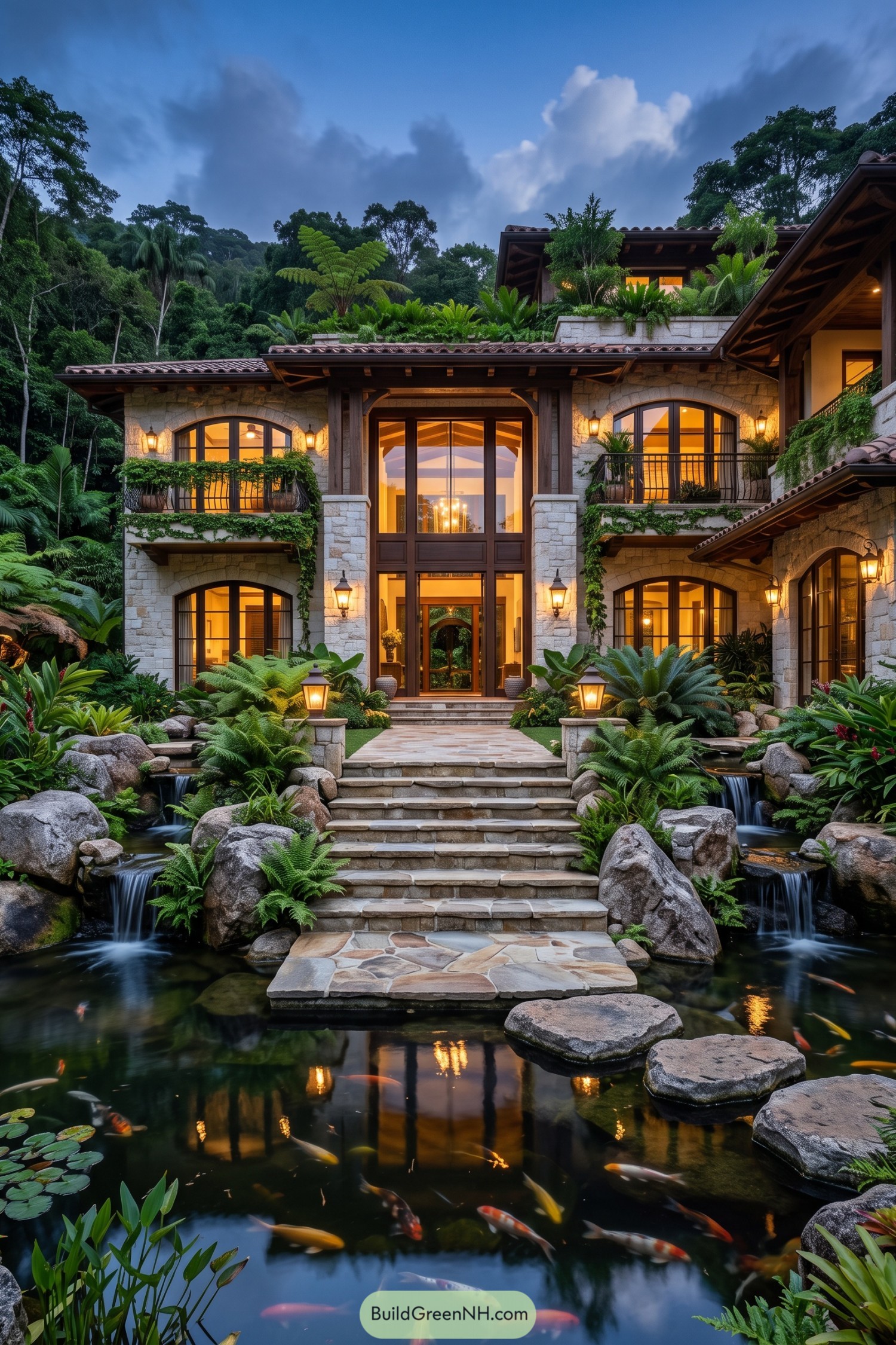 Stone villa with cascading ponds and a koi garden