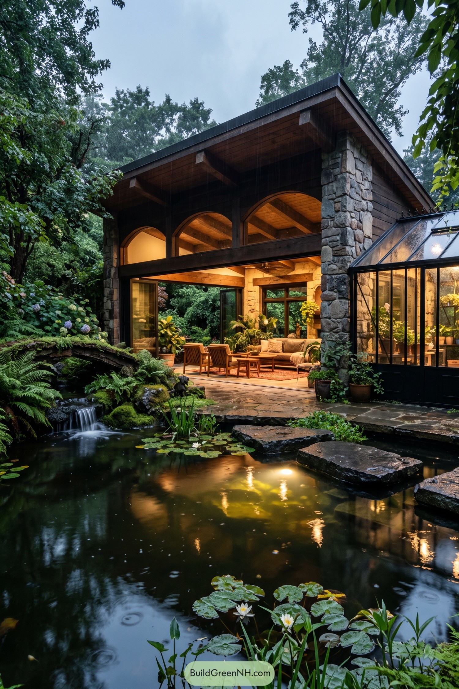 Timber and stone house beside a lily pond and greenhouse