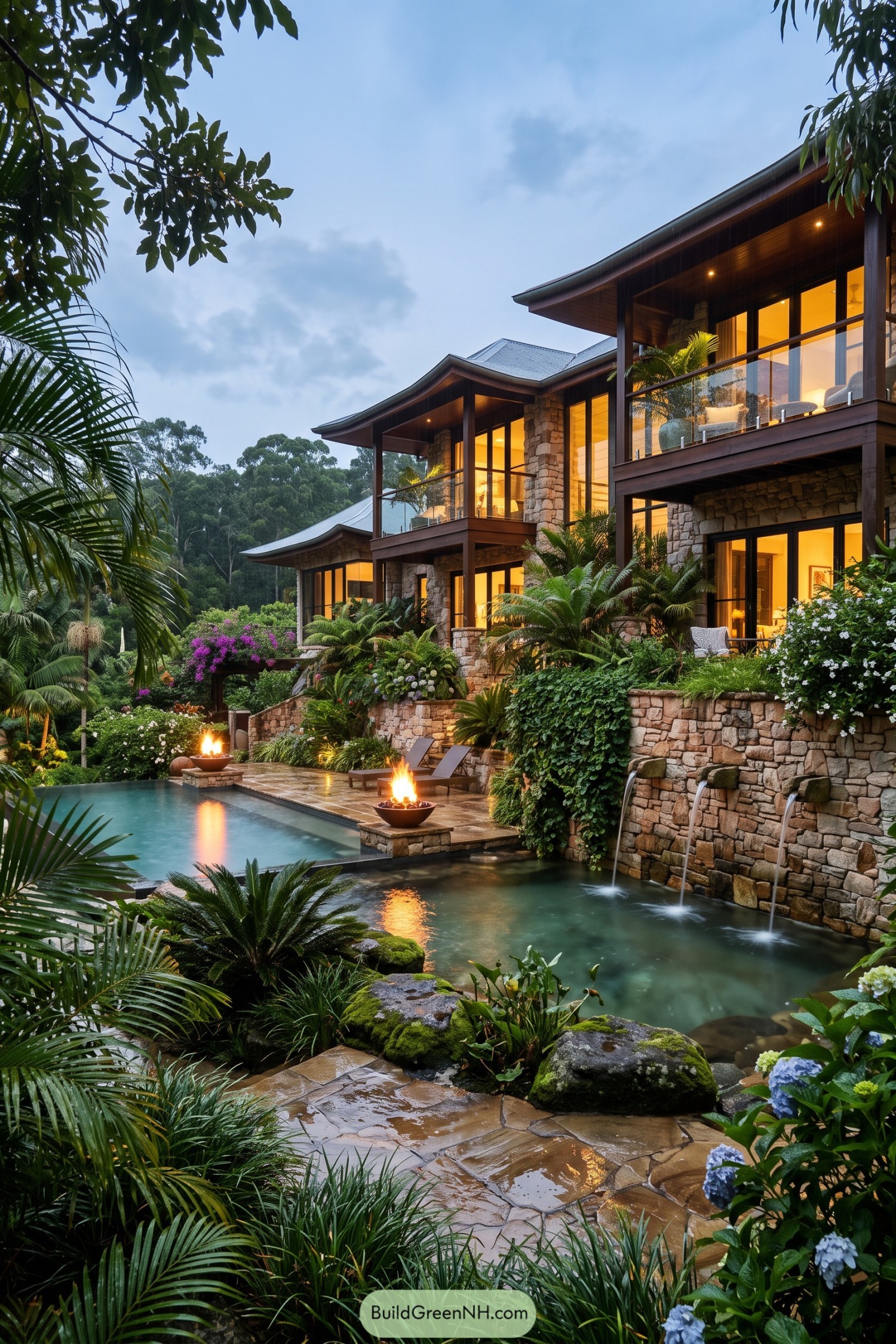 Stone villa with tropical pool courtyard and waterfalls
