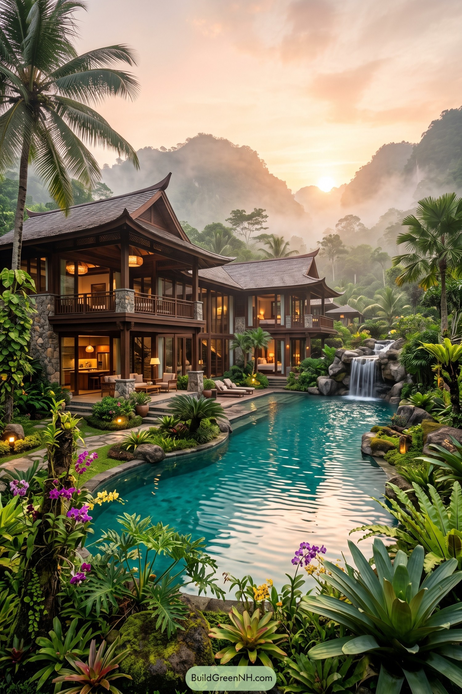 Timber villa beside a turquoise lagoon and waterfall