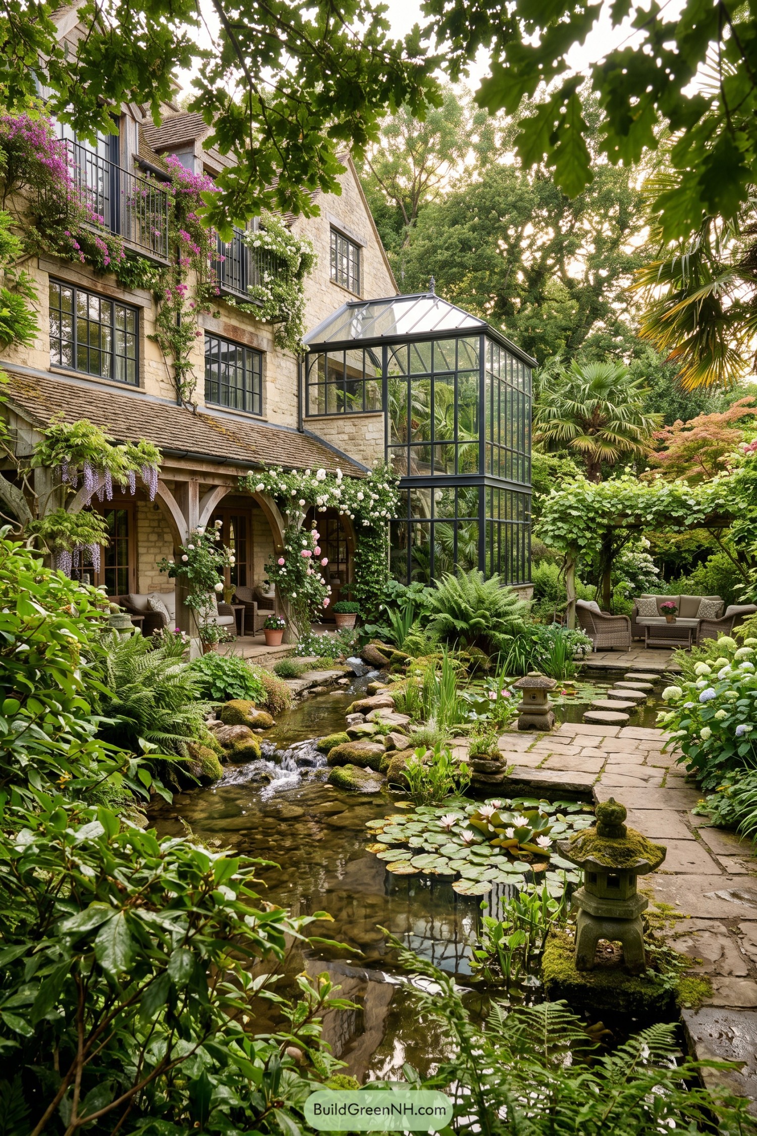 Stone cottage with a glazed orangery beside a lily pond garden