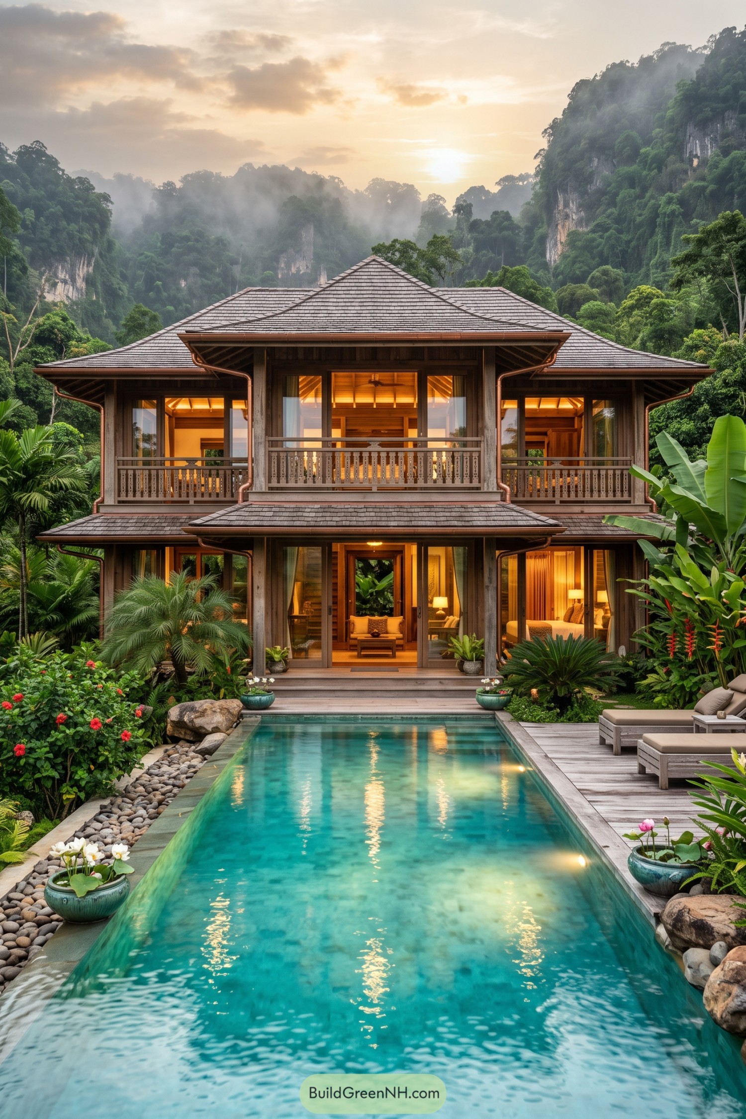 Timber villa with pool beneath jungle cliffs