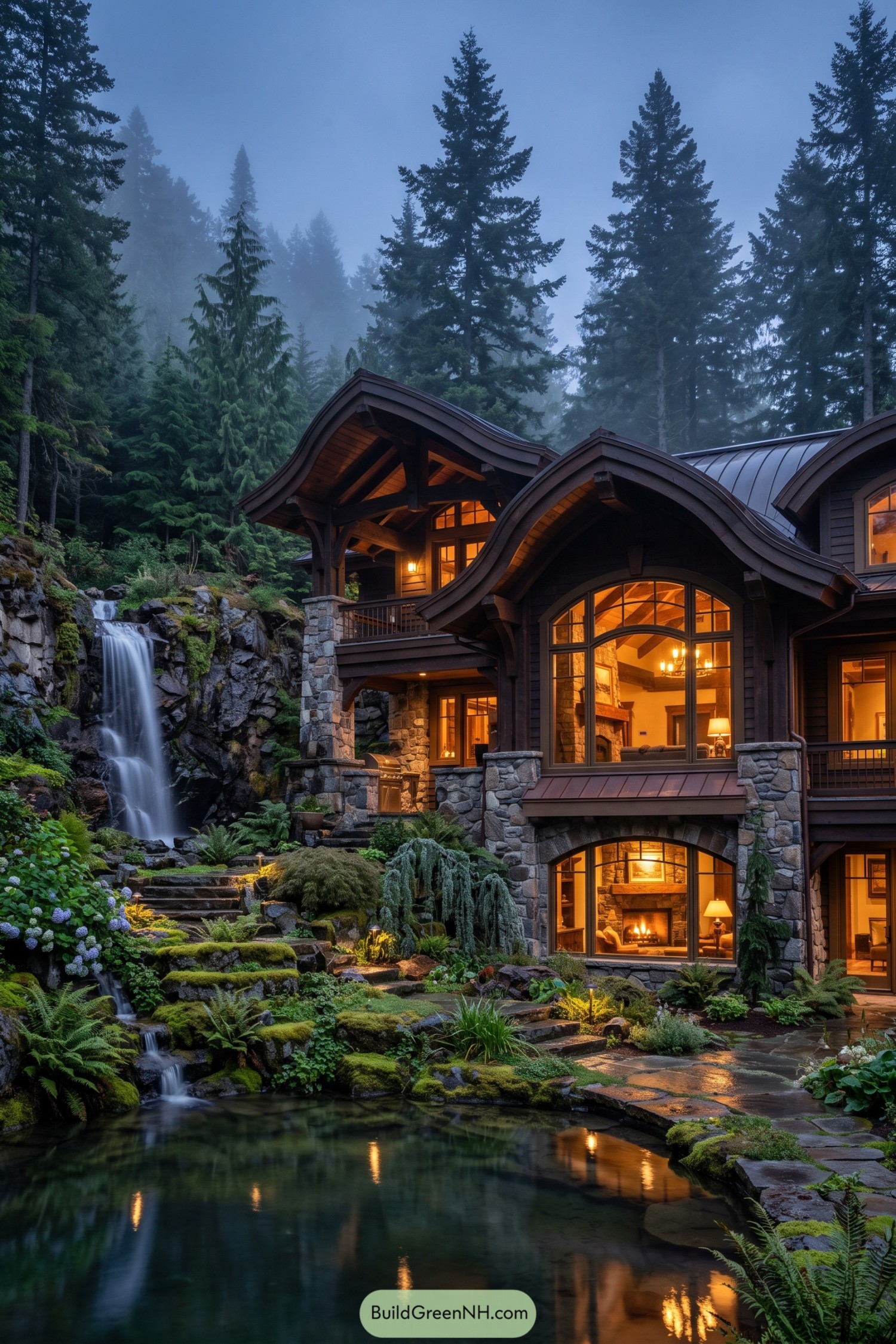 Timber and stone home beside a waterfall pond