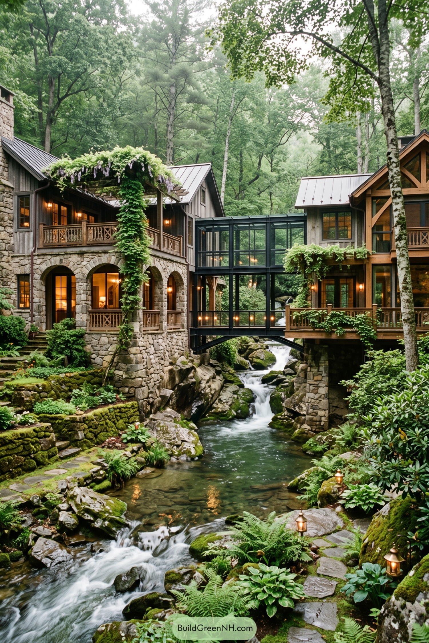 Timber and stone home spanning a rocky woodland creek
