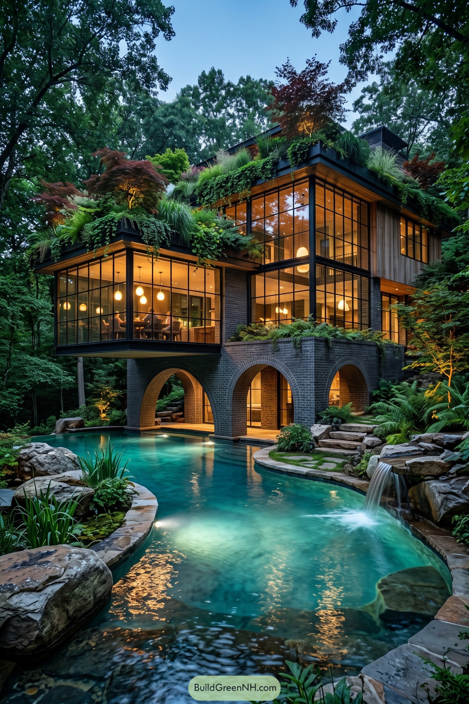 Glass-walled home above a turquoise garden pool