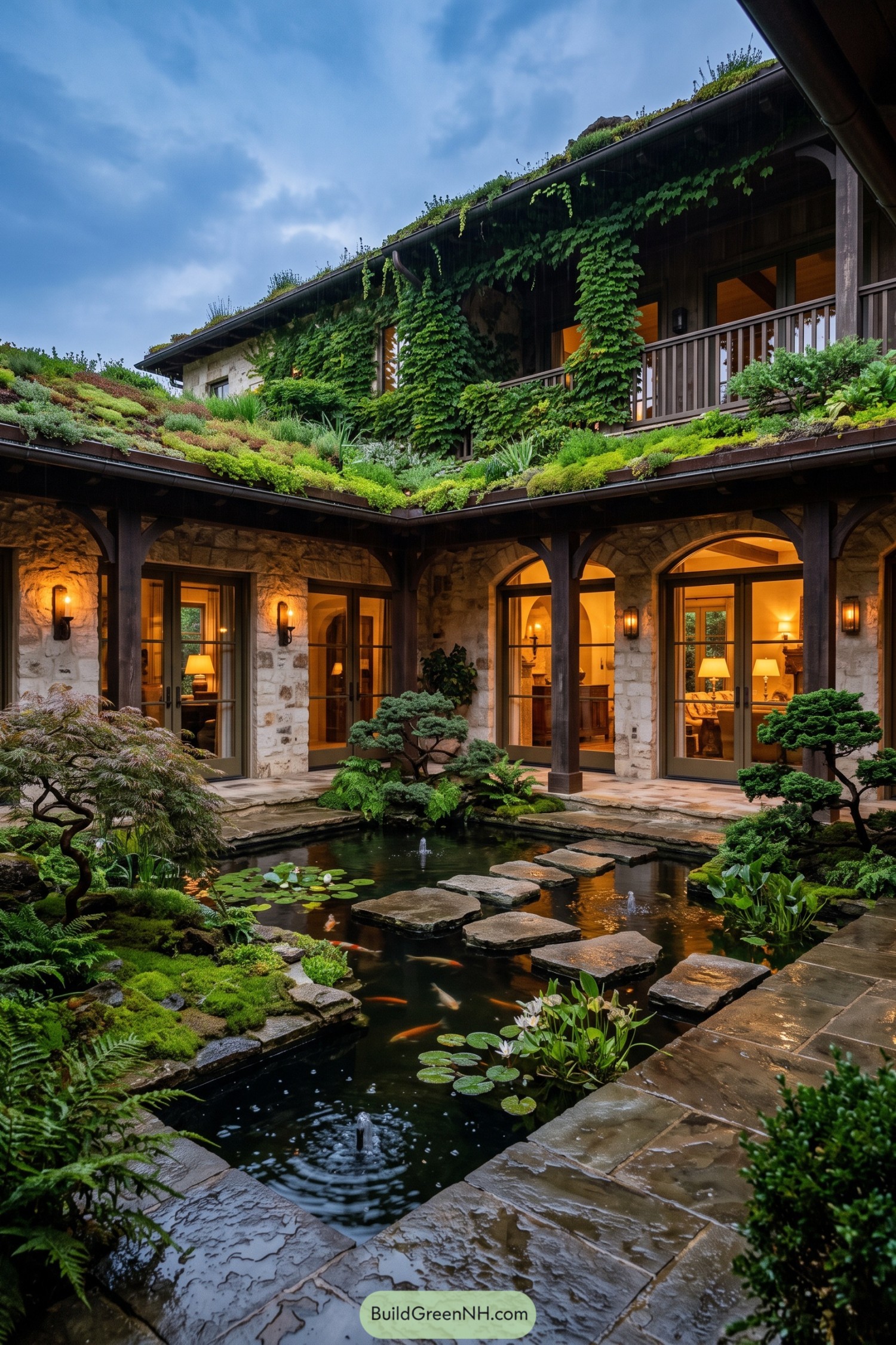 Stone courtyard home with a green roof and koi pond