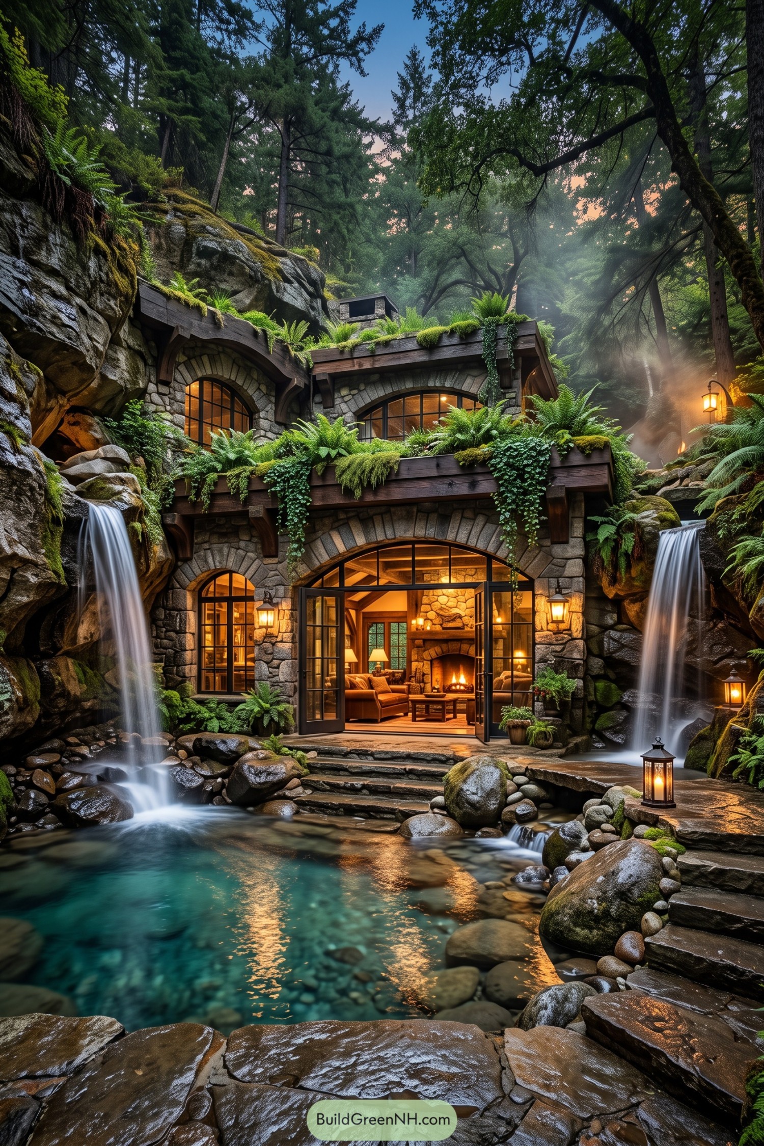 Stone cottage tucked between twin waterfalls and a clear woodland pool