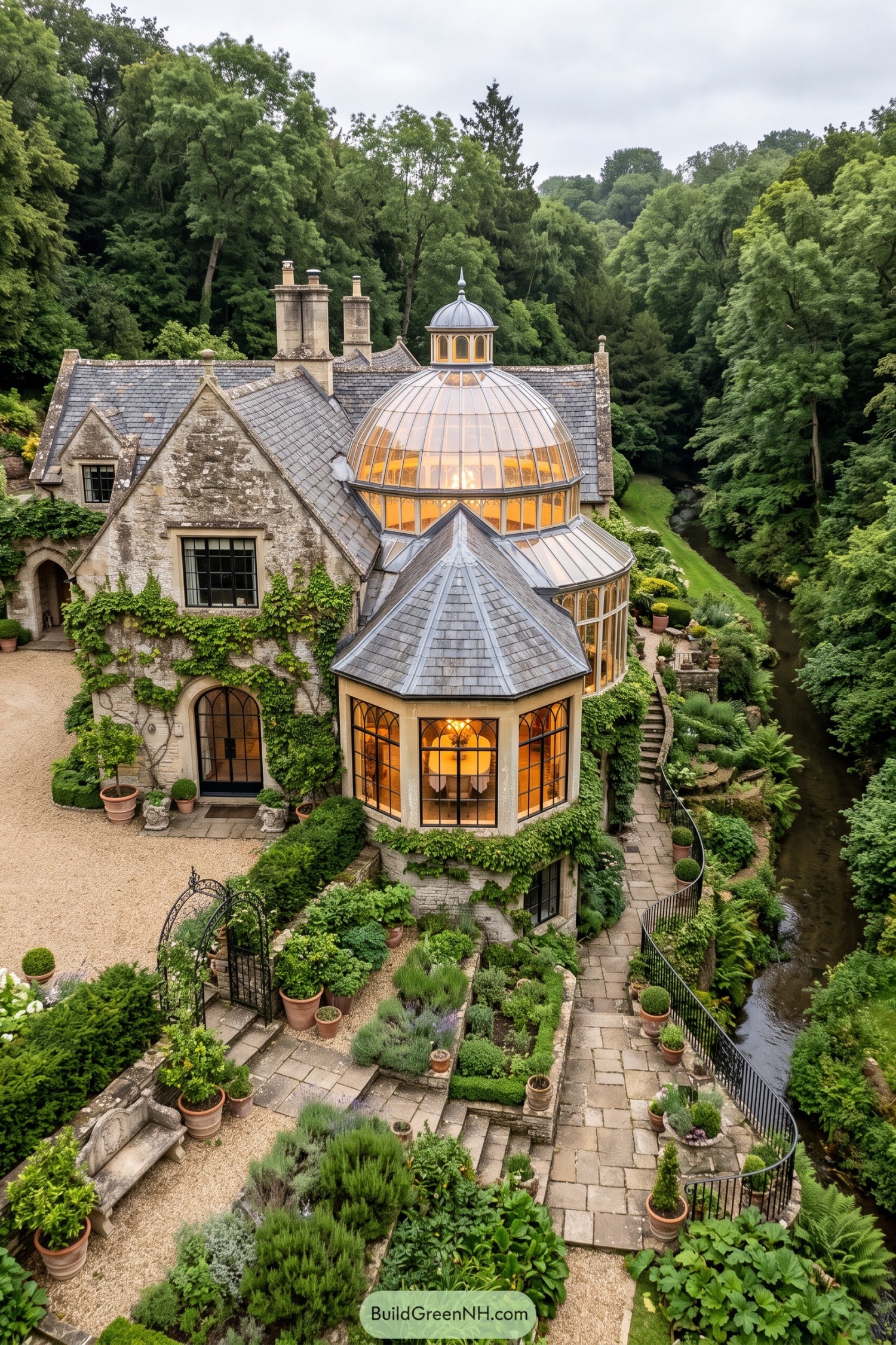 Stone manor with glowing glass conservatory beside a creek