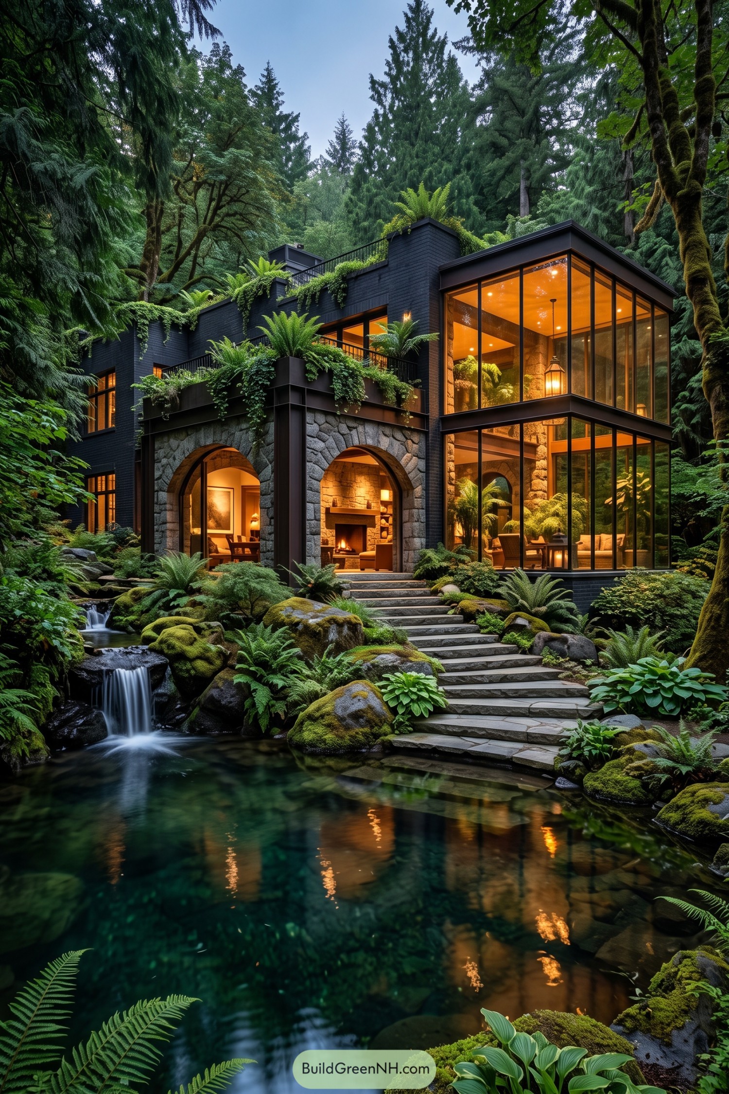 Modern forest home with stone arches beside a cascading pond