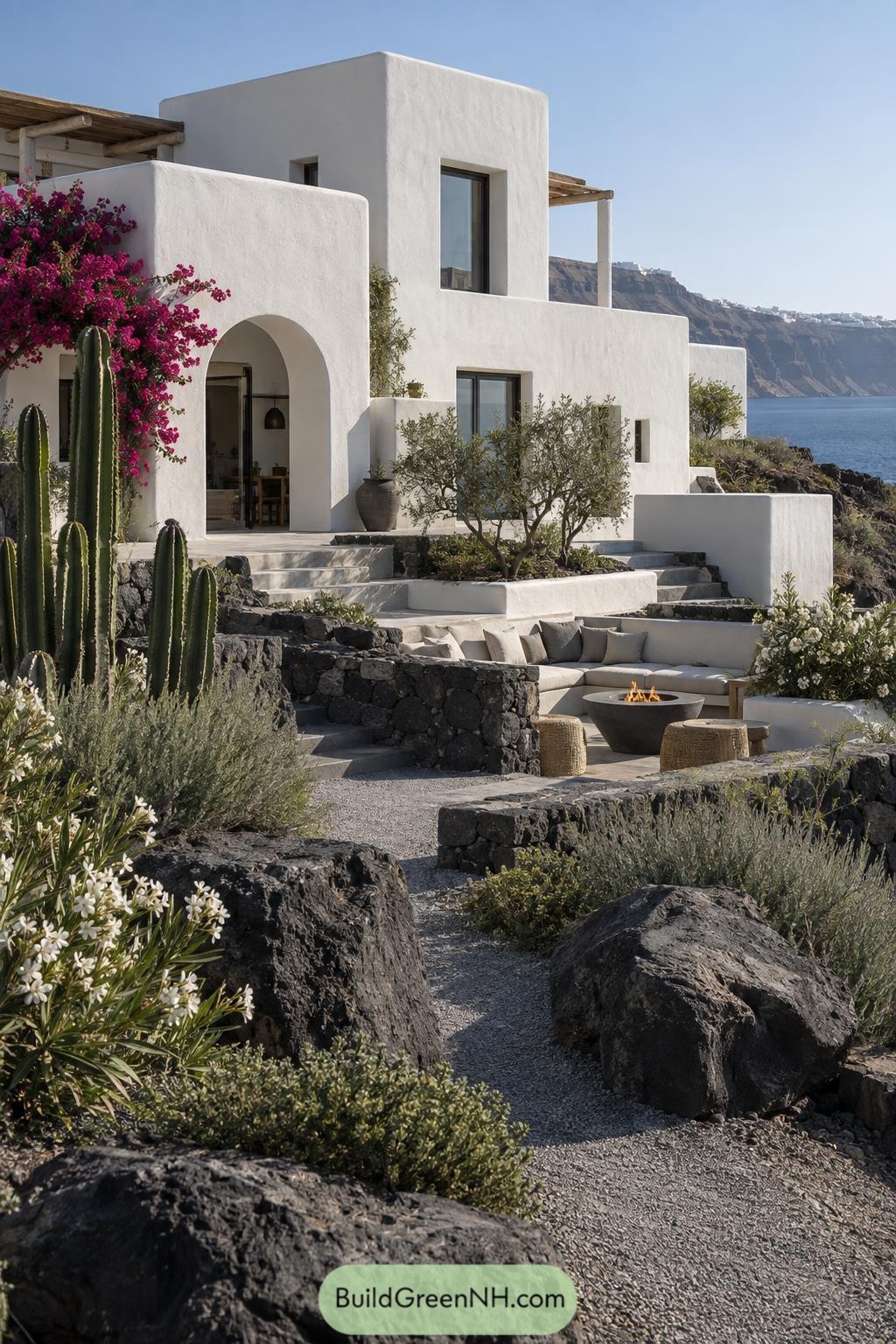 White villa with arched entry amid volcanic gardens