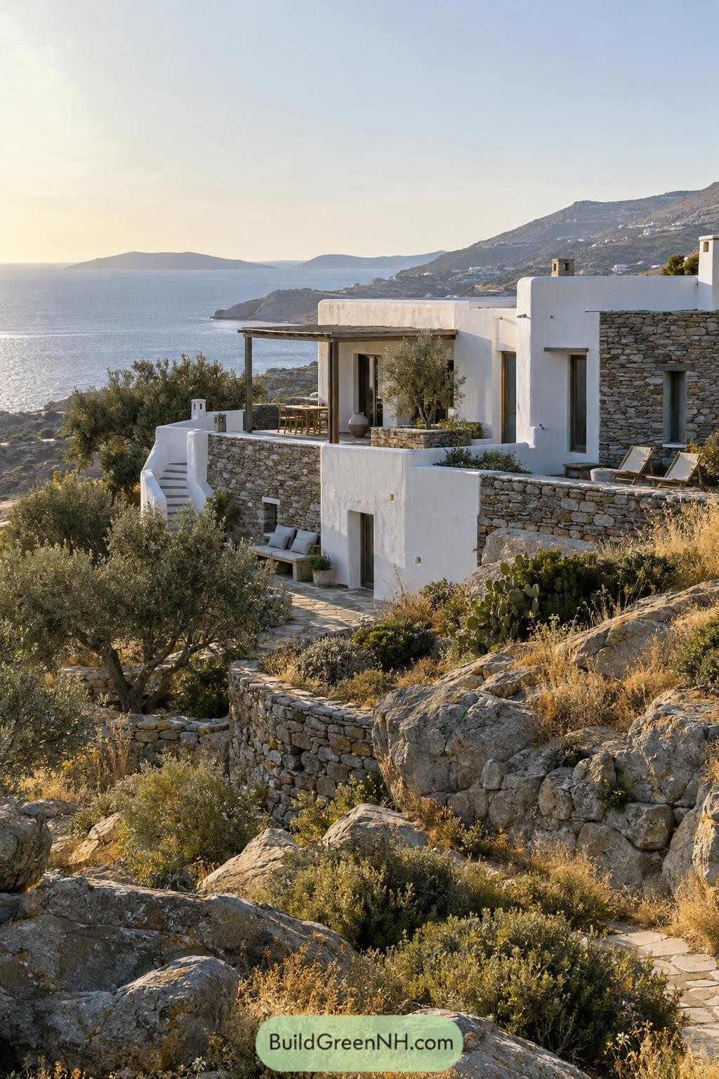 Whitewashed hillside villa with stone terraces overlooking the Aegean