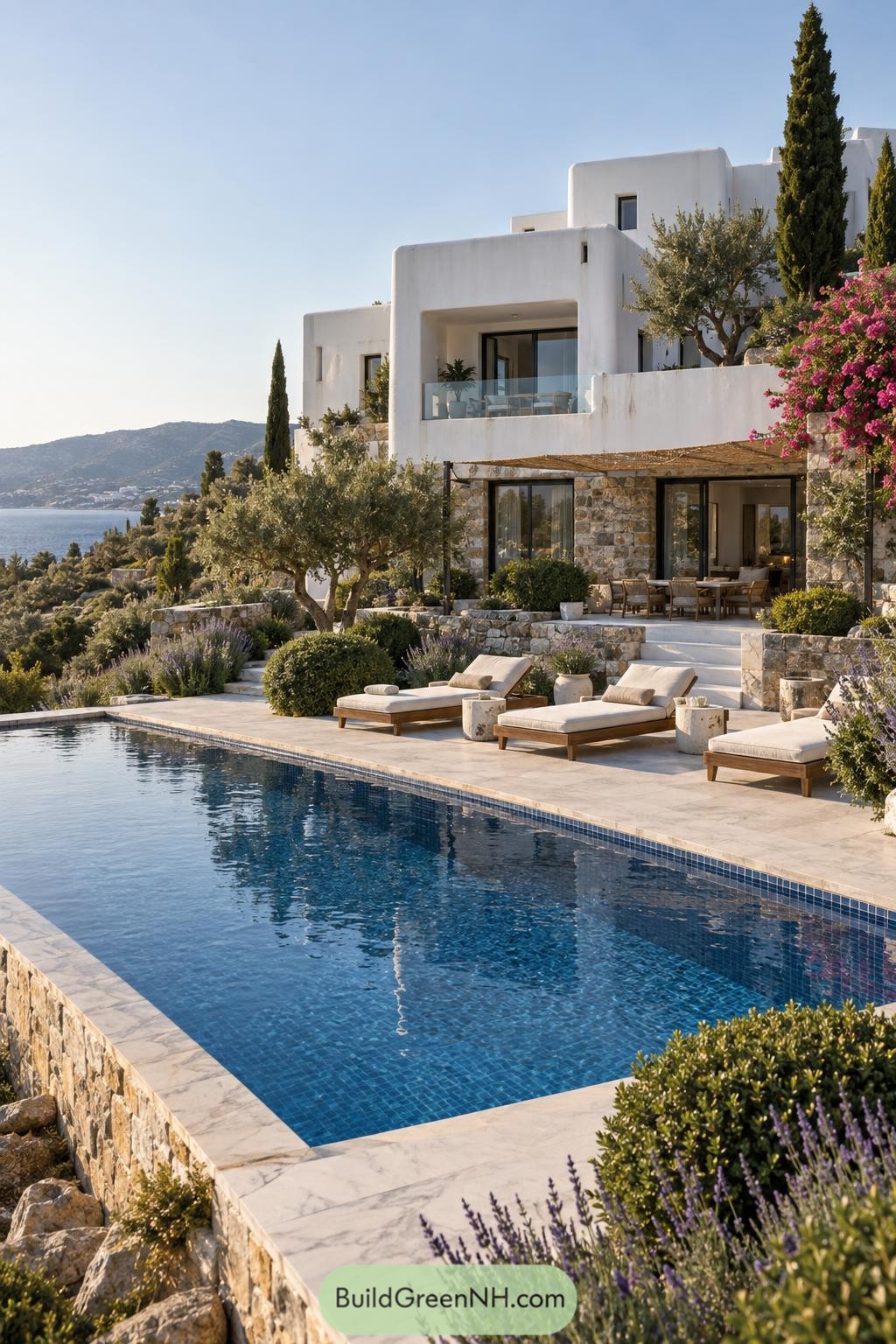 White stucco villa with blue pool and sea view