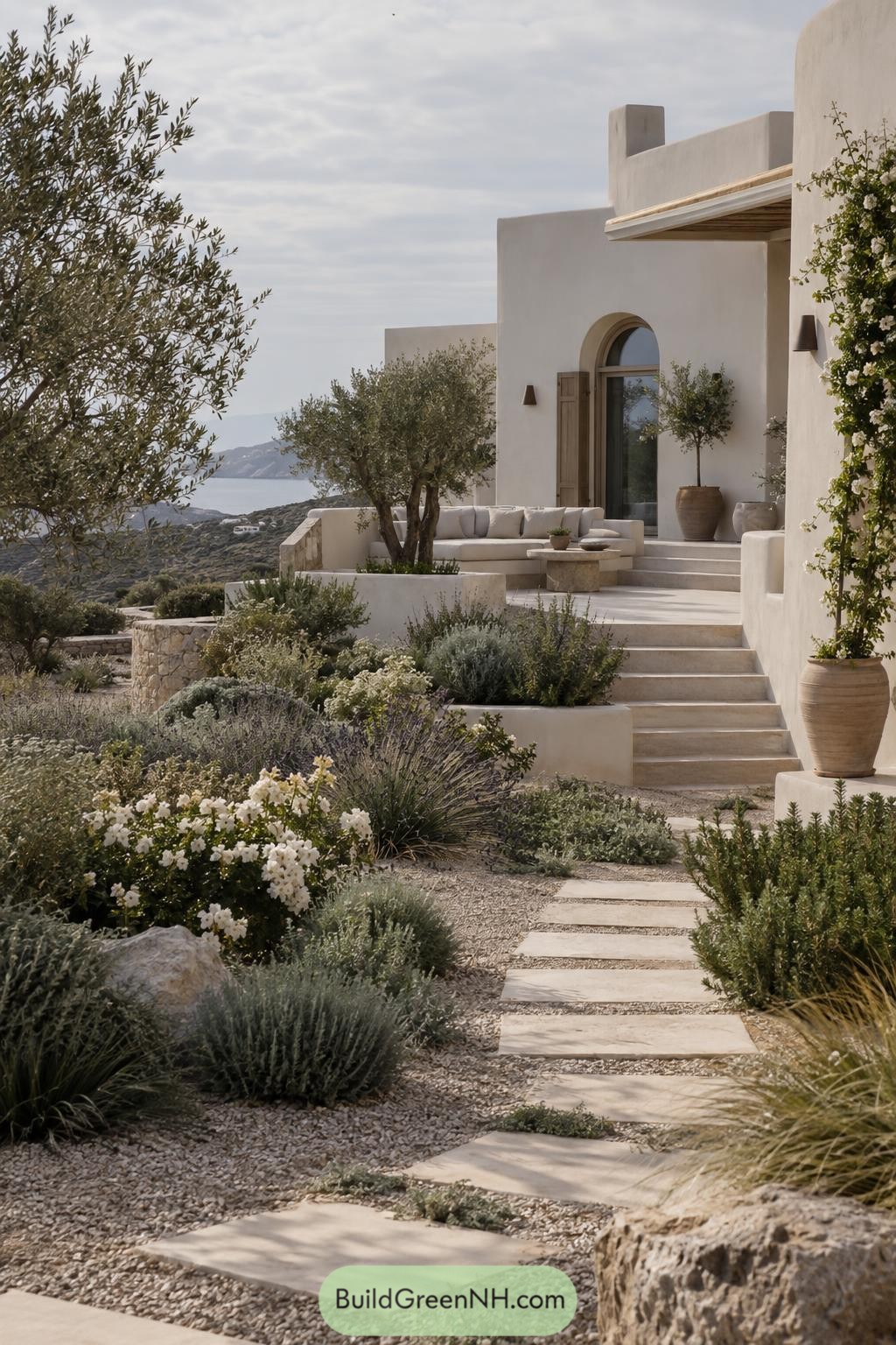 Whitewashed villa with arched entry and herb garden path