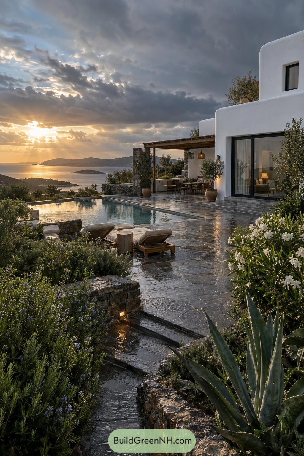 White stucco villa with pool overlooking a Greek island sunset