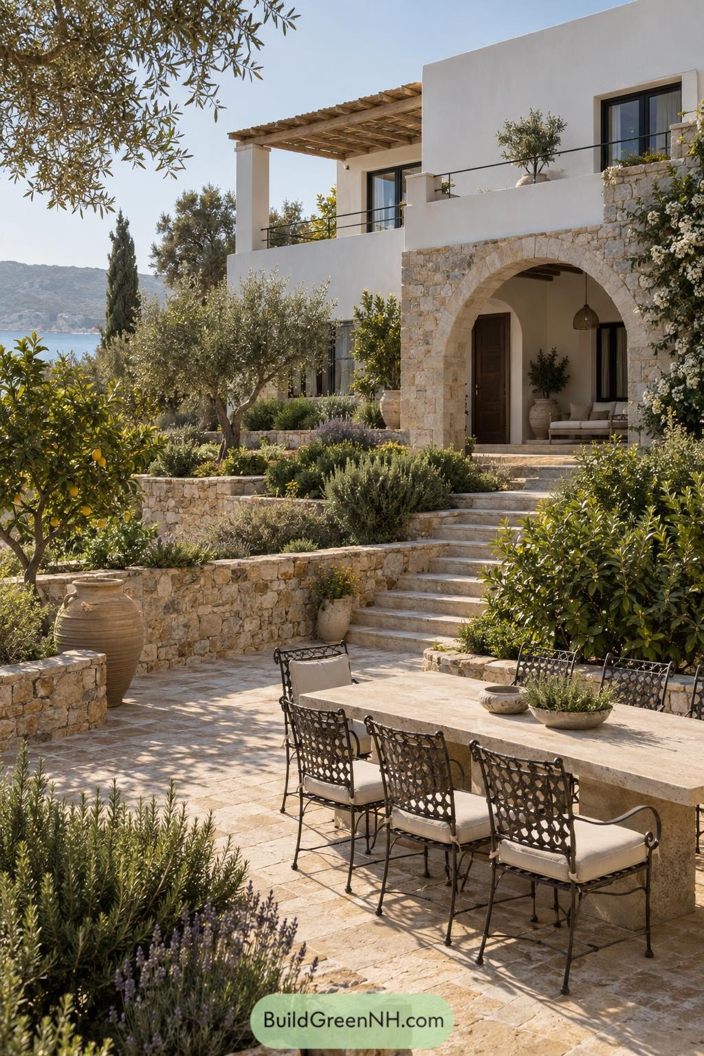 Stone villa with terraced garden dining courtyard and sea views