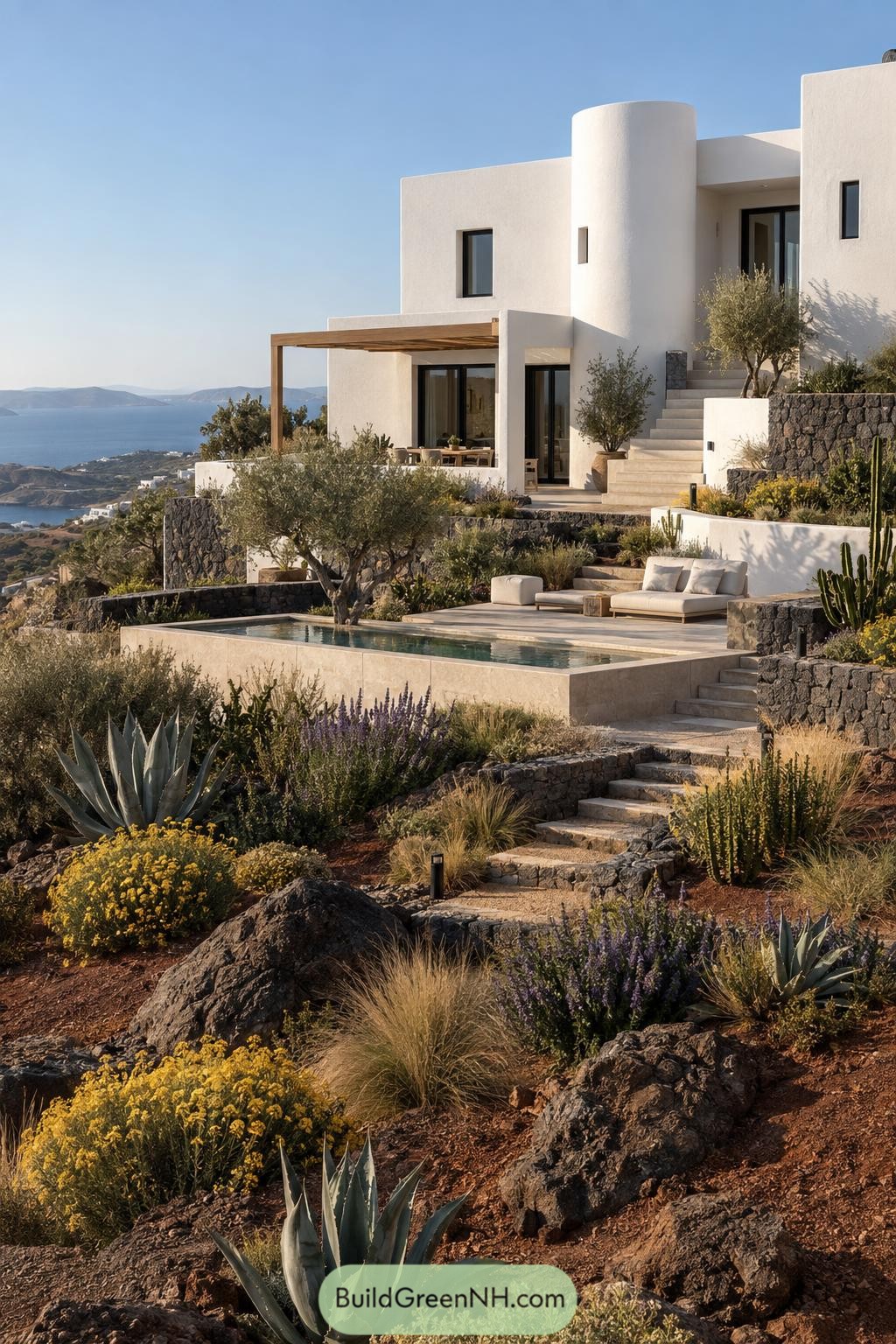 White villa with terraced pool and sea views