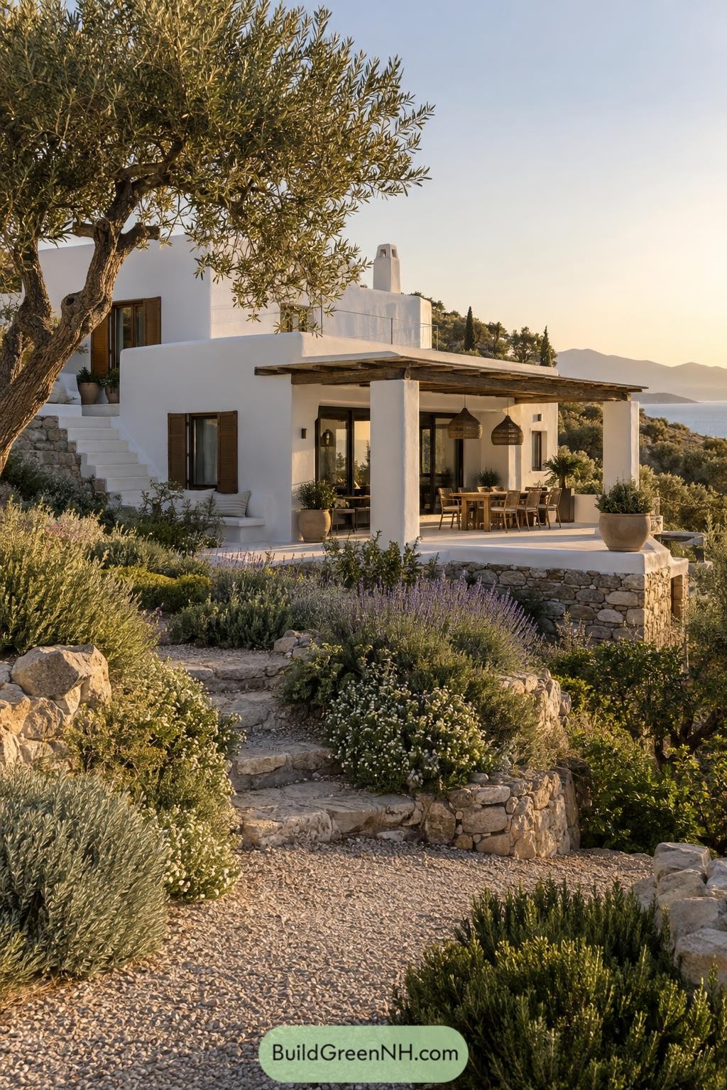 Whitewashed villa with timber pergola amid terraced Mediterranean gardens