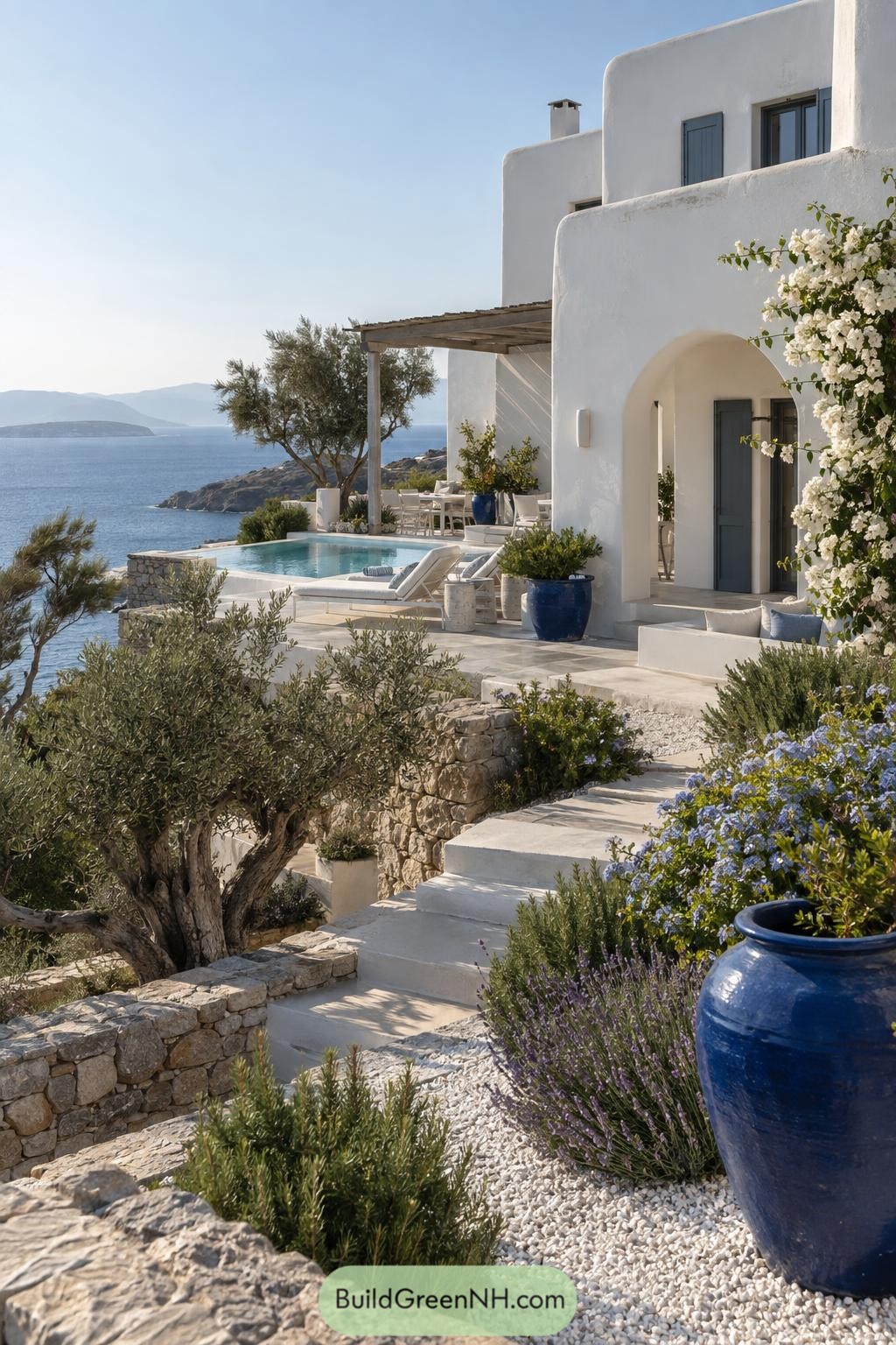 Whitewashed hillside villa with blue urns pool and sea views