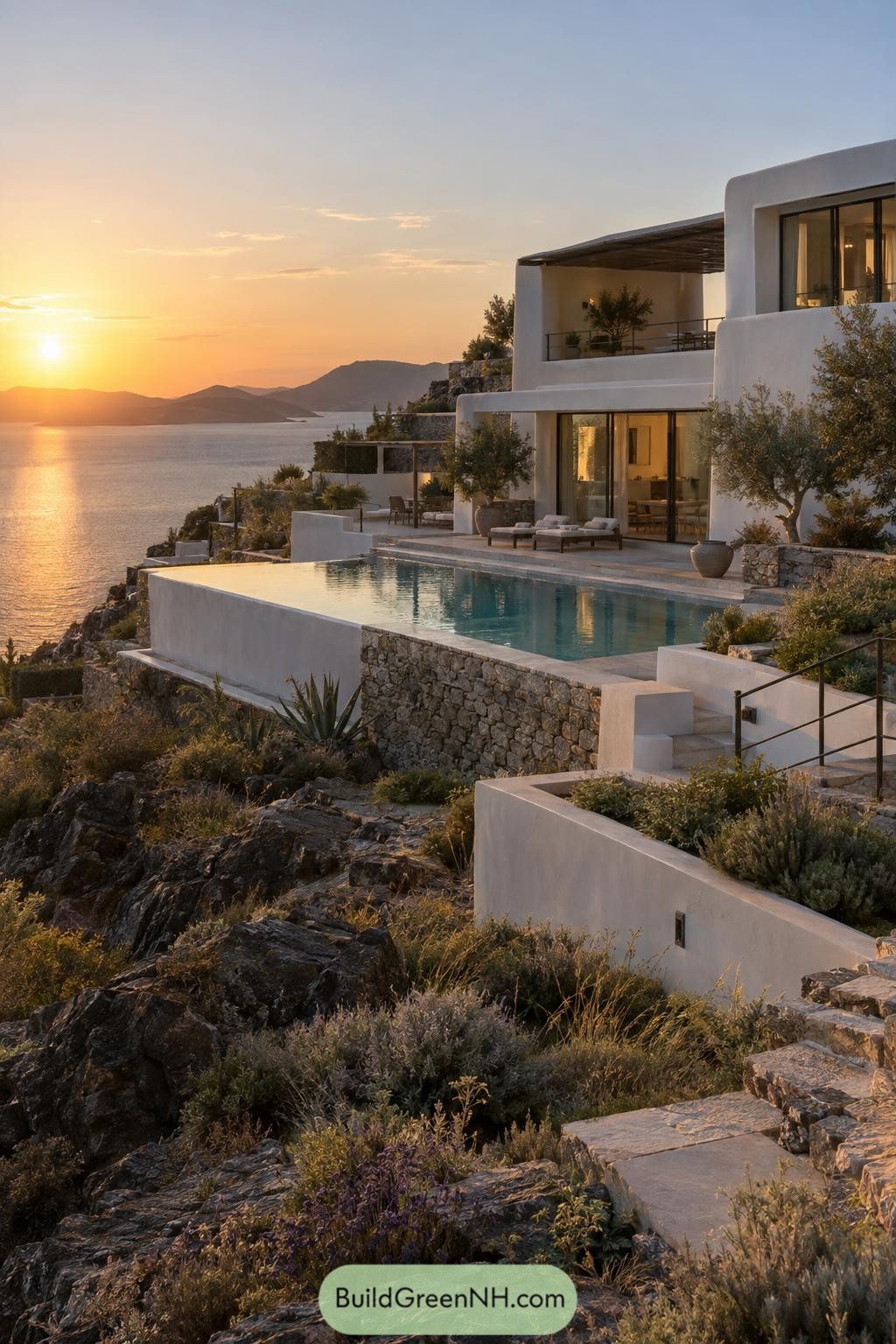 White hillside villa with infinity pool overlooking the Aegean at sunset