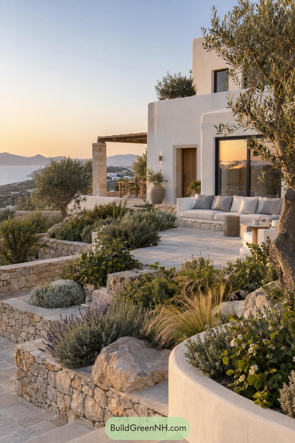 White villa with terraced stone gardens overlooking the sea