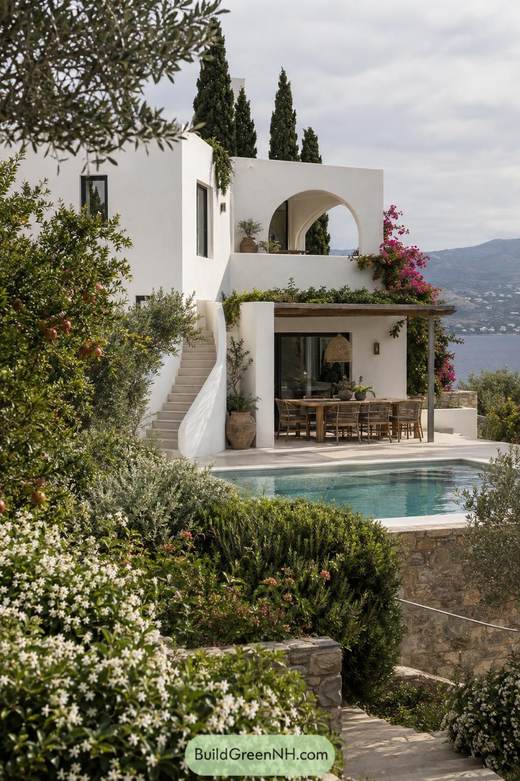 White Greek villa with an arched terrace overlooking a pool and mountains