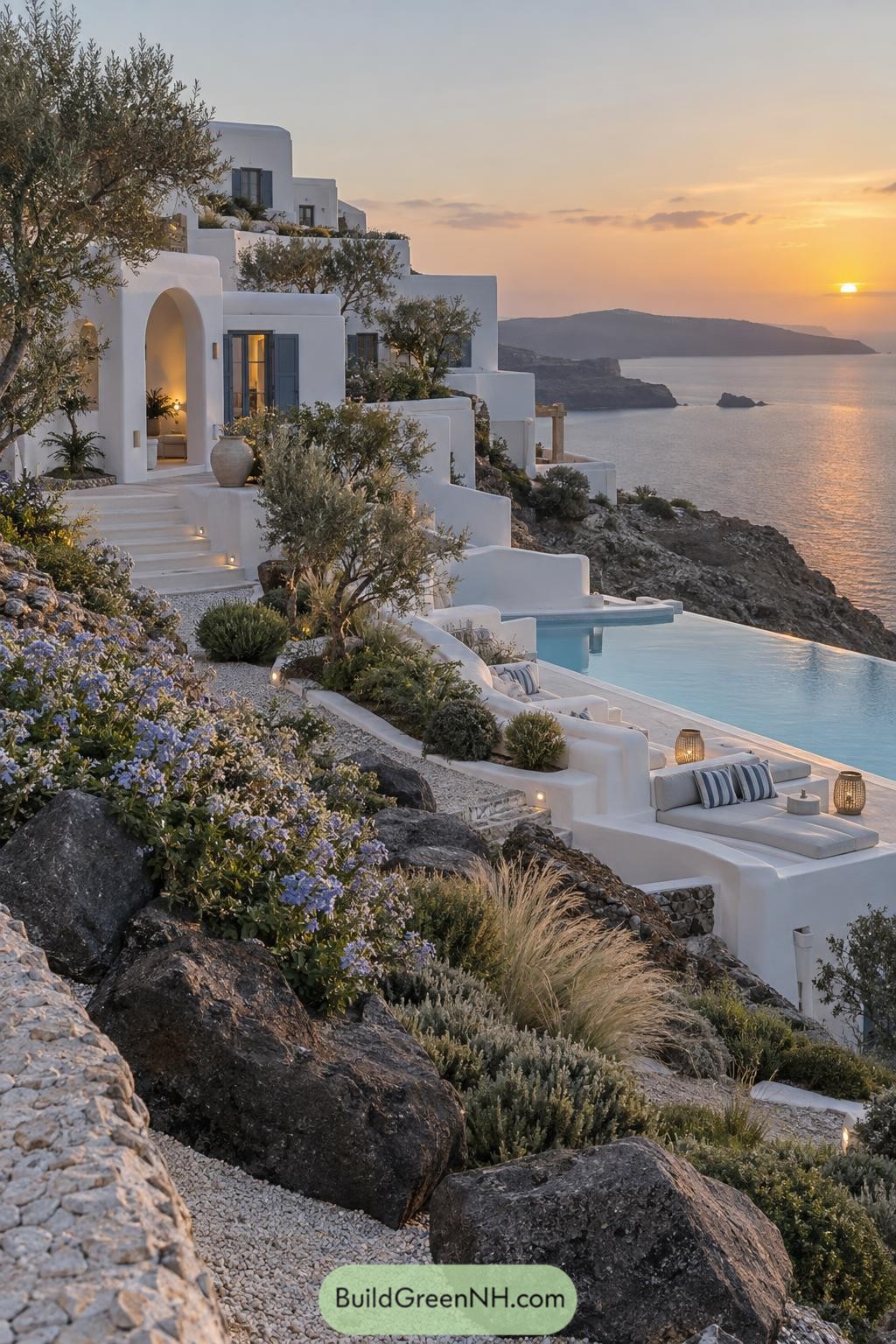 White hillside villa with infinity pool overlooking the Aegean at sunset