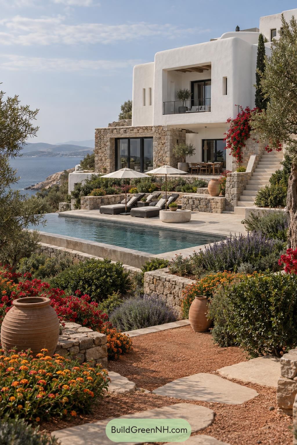 White stucco and stone villa with pool overlooking the sea