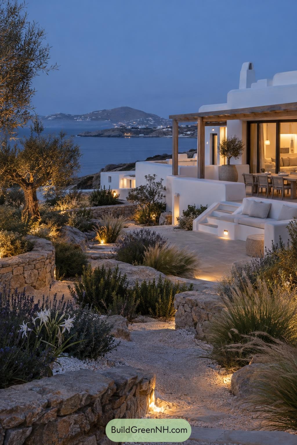 Whitewashed coastal villa with terraced gardens overlooking the sea at dusk