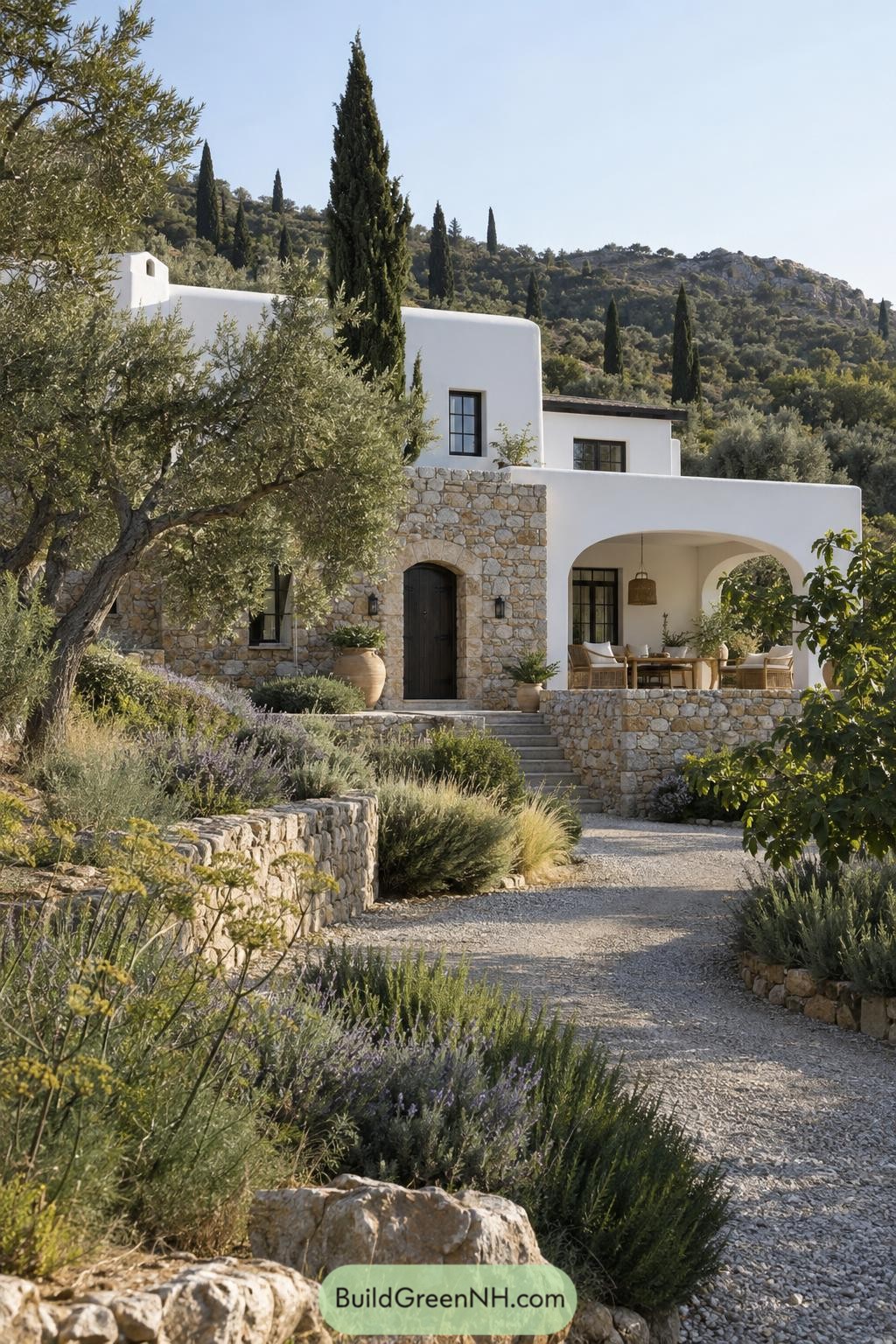 White stucco and stone villa amid lavender and olive trees