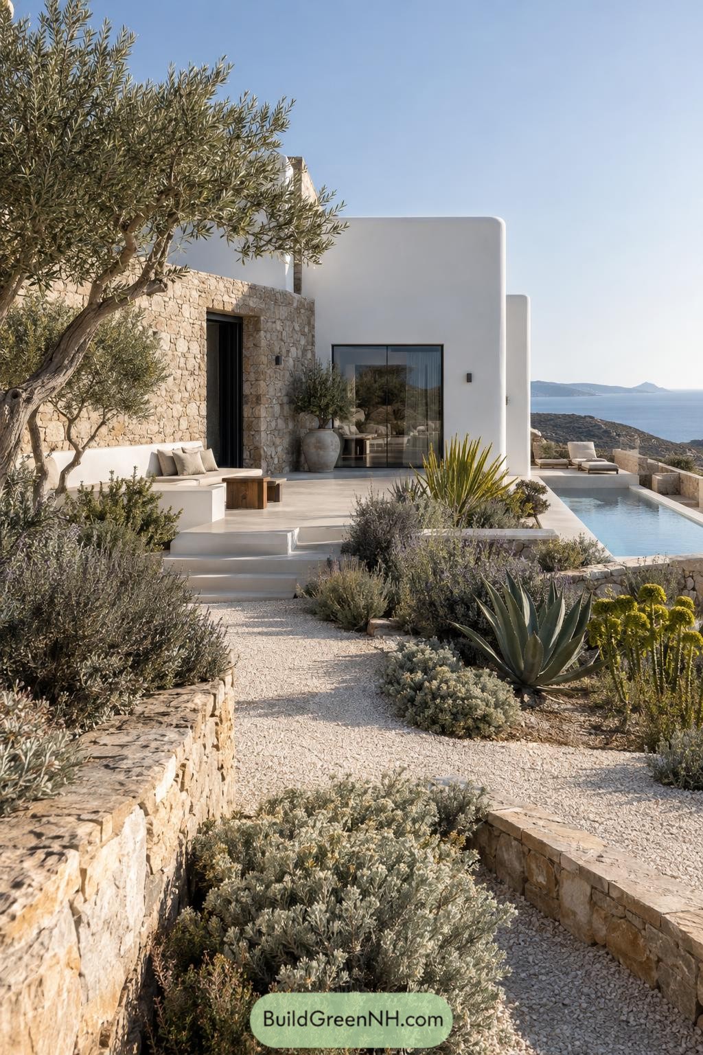 White stucco and limestone villa beside a pool overlooking the sea